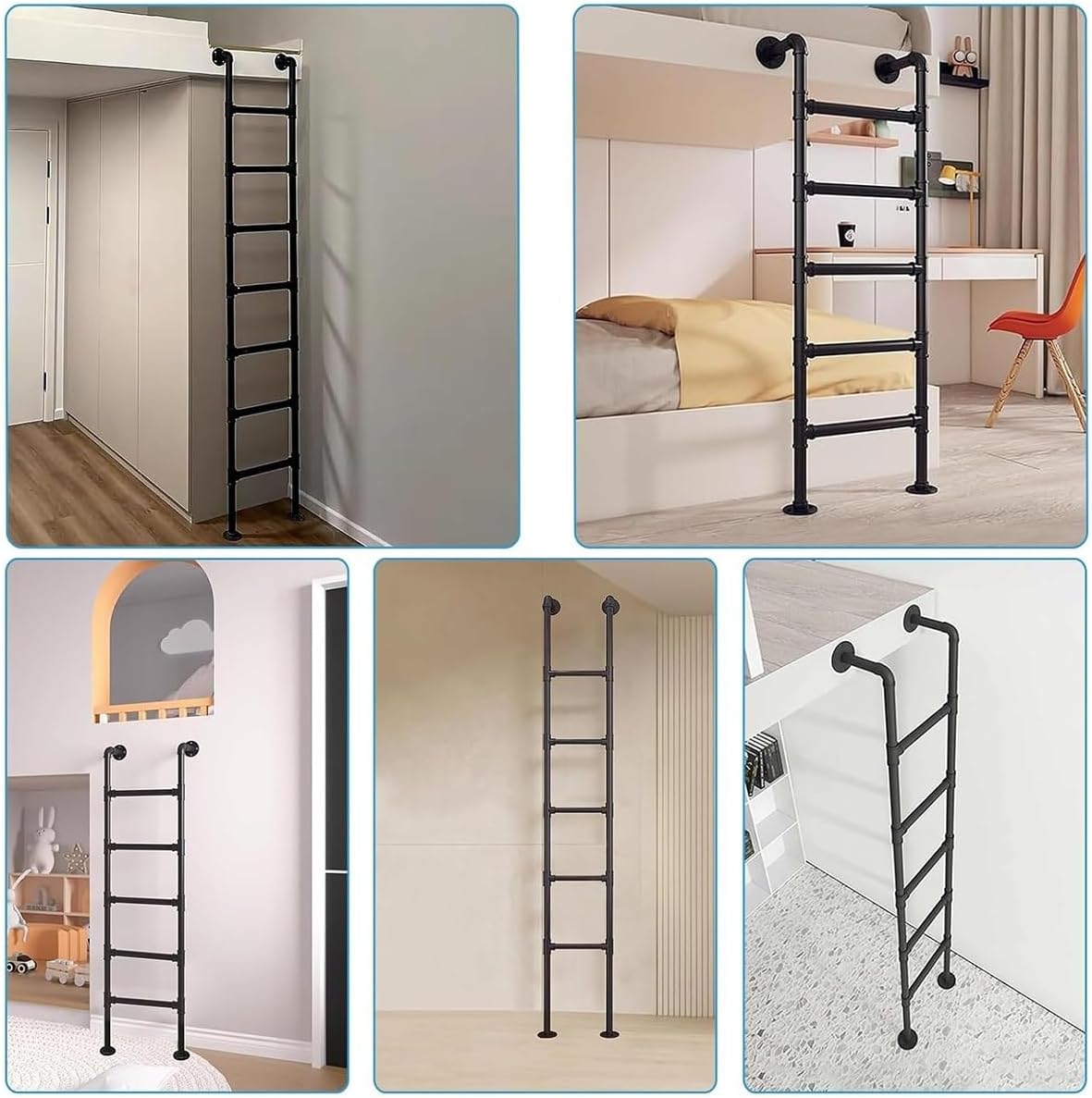2.5m Wall Mounted Bunk Bed Ladder - Metal Loft & Egress Ladder for Attic, RV, Library, Deck, Dorm - Easy Install Emergency Fire Climbing Step (White)
