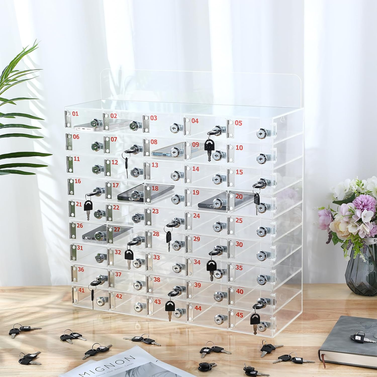 Threan Cell Phone Locker Box for Classroom with Door Locks and Keys Clear Acrylic Phone Jail Storage Cabinet Wall Mounted for School Factory Office(45 Slot)