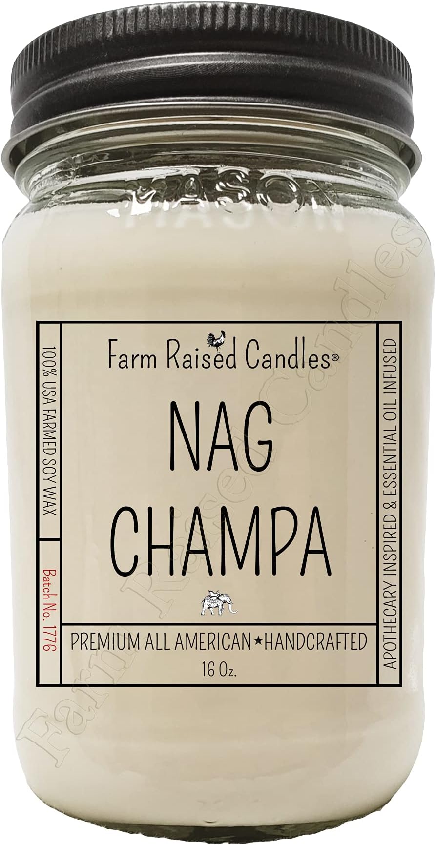 Farm Raised CandlesAll American Handcrafted - - Plant-Based - 80+ Hour Burn - 100% Natural American Farmed Soy Wax. Gift Wrap Ready Box. 16 Ounce Country Mason Jar. (Nag Champa)