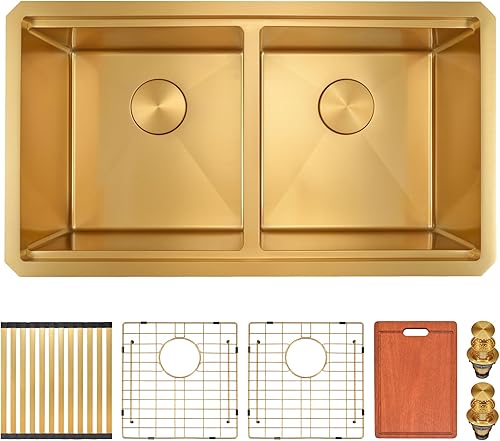 Vista 12 de LQS Fregadero de cocina dorado de 32 x 18 pulgadas, fregaderos de cocina empotrados, fregaderos de acero inoxidable de doble tazón 50/50