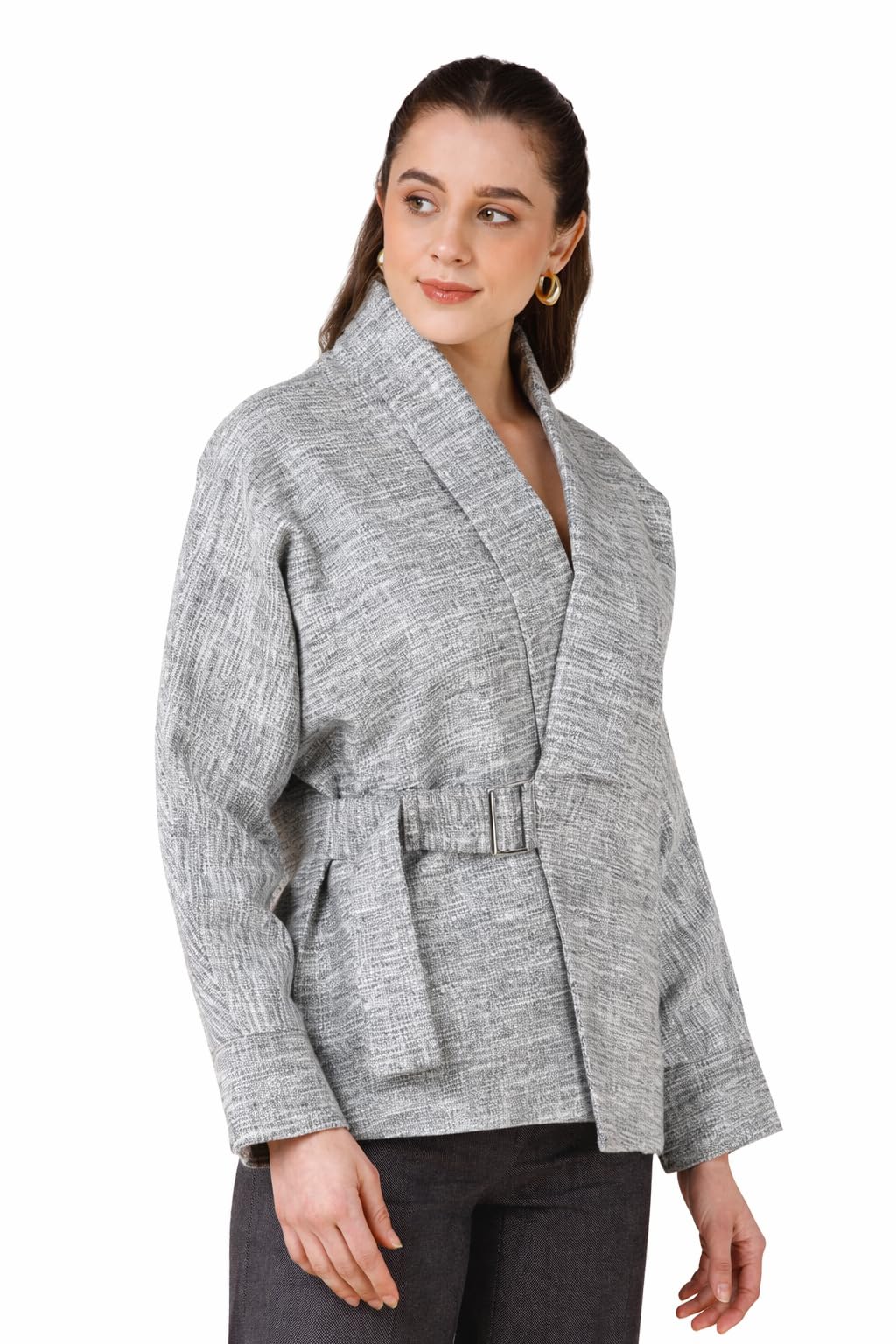 b77 Melissa Wrap Jacket, Grey Textured Belted Blazer with Shawl Collar, Long Sleeve-picture-52