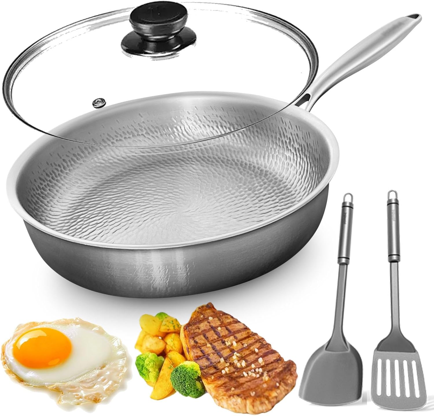 Titanium Pan, 100% Pure Titanium Frying Pan for Cooking, Titaniums Cookware, Dishwasher-Safe, No-Coating Nonstick Skillet Fast Heating with Spatula with All Cooktops (with lid 11.02in)
