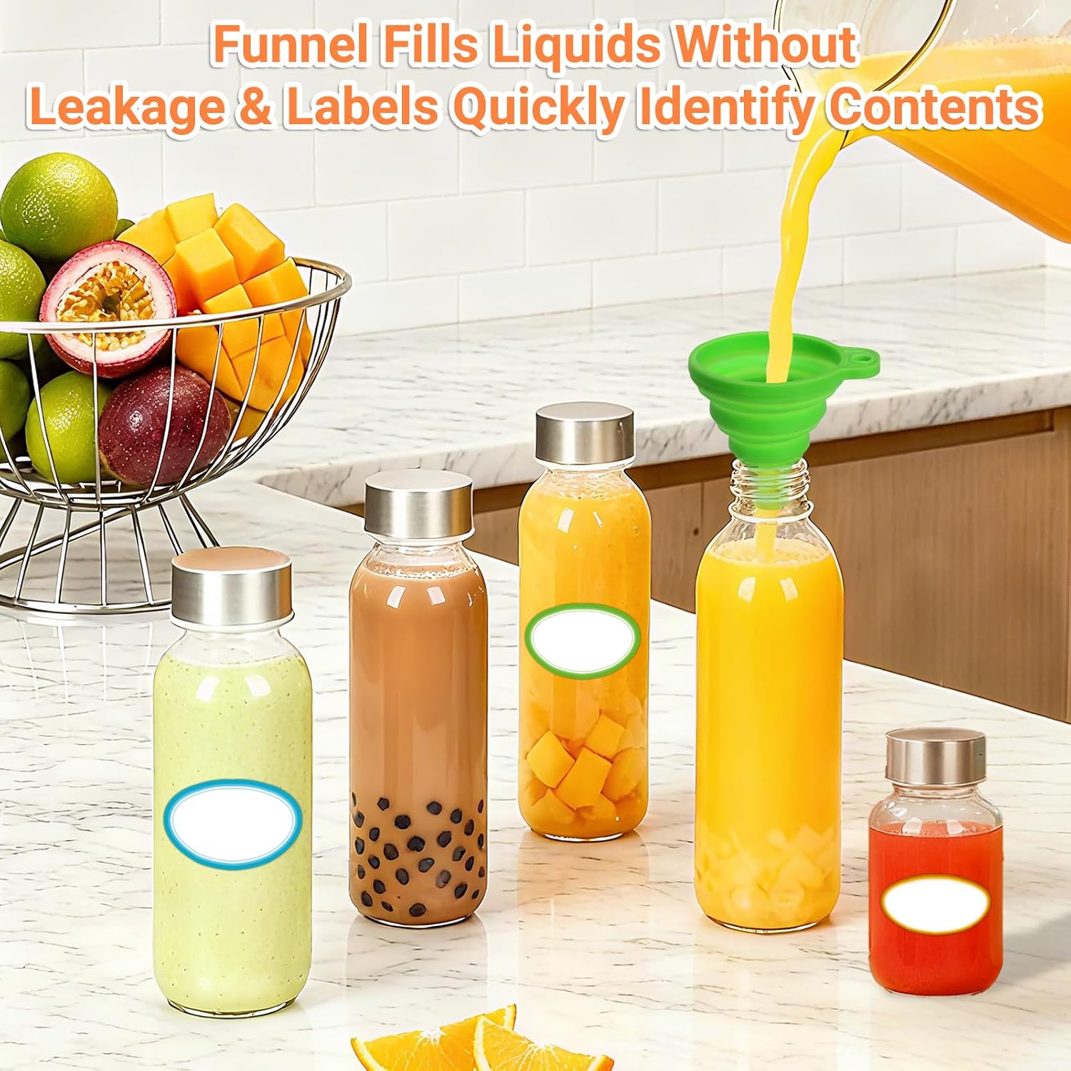 10 oz Glass Water Bottles with Lids, 6 Pack Reusable Juice Bottles