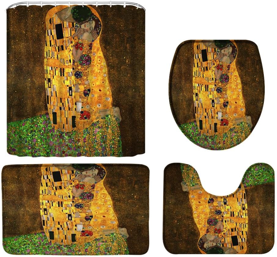 4Pcs Klimt Shower Curtain Sets The Kiss Oil Painting Retro Classic Nordic Art Nouveau Aesthetic Bathroom Decor Set with Rugs
