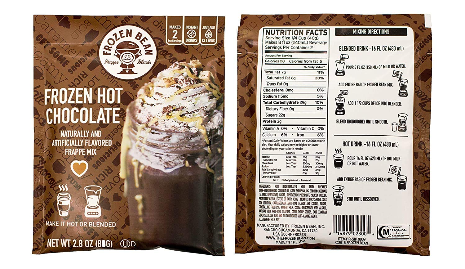 The Frozen Bean - Frappe Mix, Coffee Drink with 100% Arabica Coffee, Contains 36mg of Caffeine per Serving, Enjoy Hot or Cold, Certified Kosher, Halal, Gluten Free, 12 Packets, 2.8oz each (12 bags, Hot Chocolate)