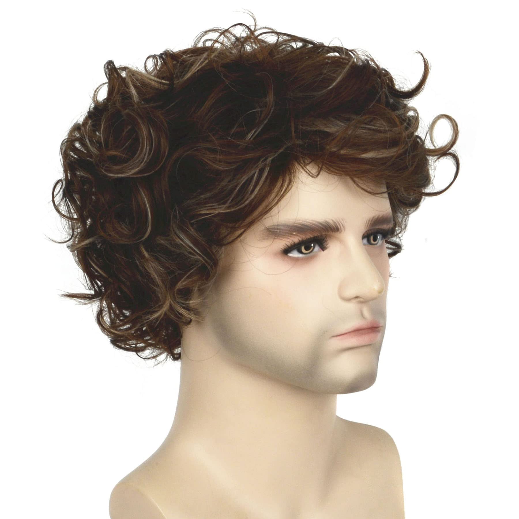 Lydell 10" Men Wig Medium Long Curly Wavy Natural Hair Heat Resistant Synthetic Daily Cosplay Halloween (Brown Auburn Mix with Blonde Highlights) - Image 2