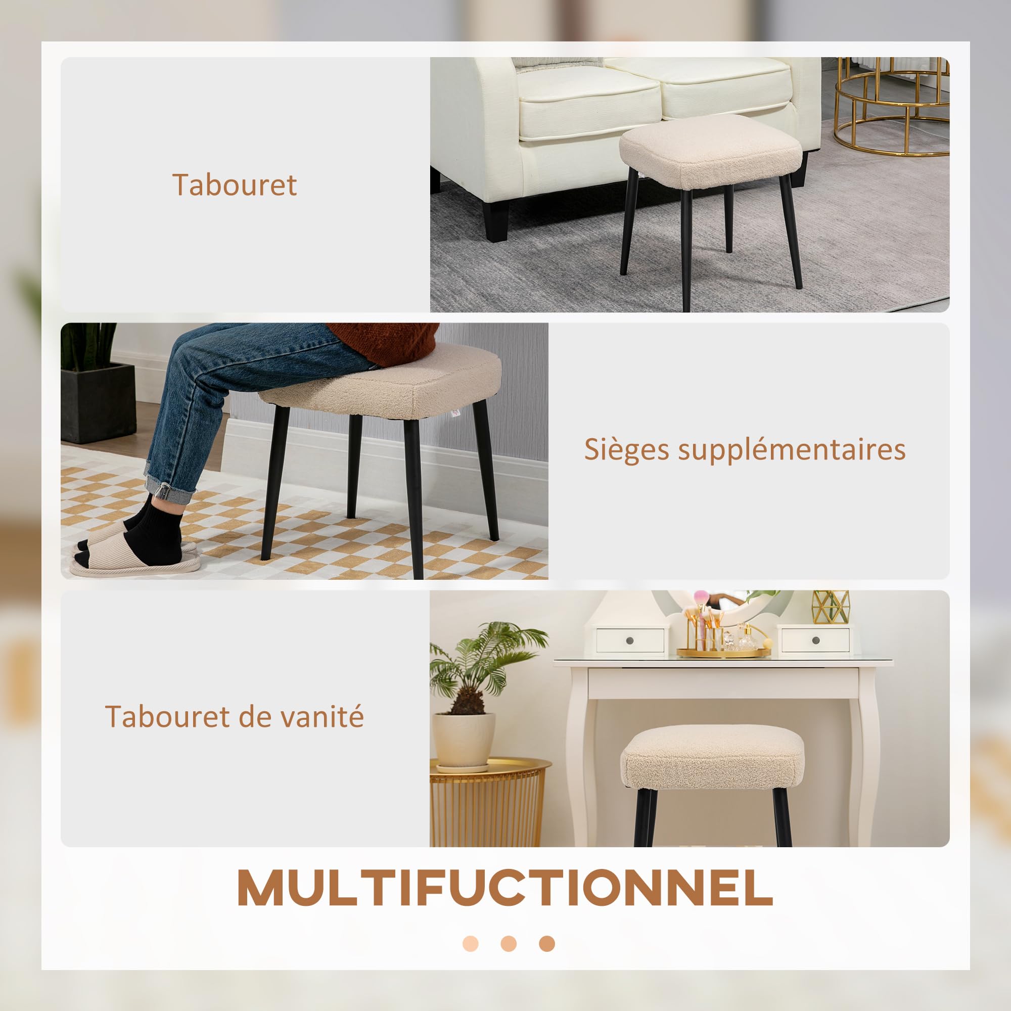 voetsteun ottoman pouf bankkruk in stof met beukenhouten poten, gestoffeerd zitje voor woonkamer, slaapkamer, entree, crèmewit | Laatste Trends