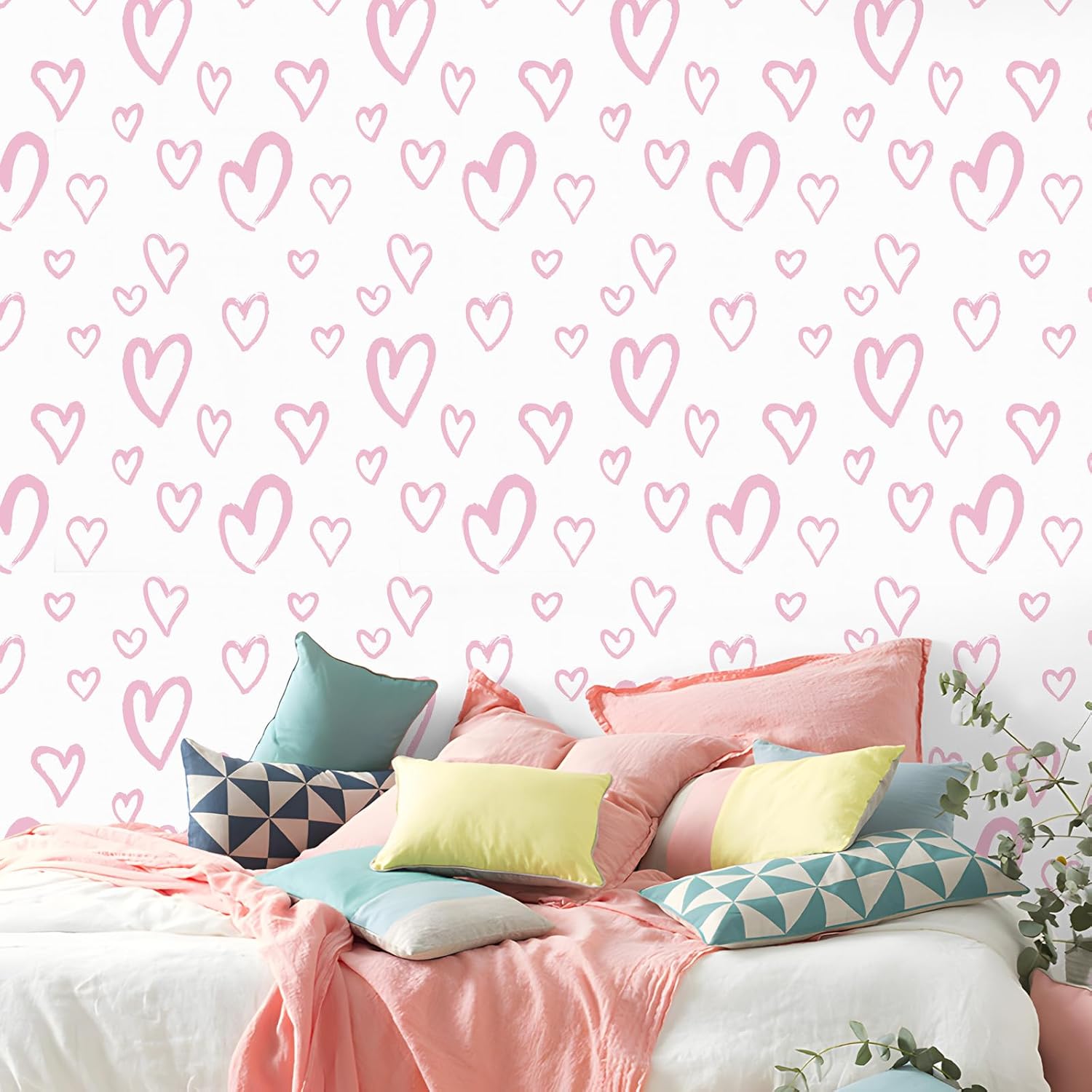 Pink Peel and Stick Wallpaper Modern Heart Vinyl Contact Paper Self Adhesive Removable Love Wallpaper 17.3 x480 DIY for Bedroom Girls Room Decoration Nursery Room Wall Decals
