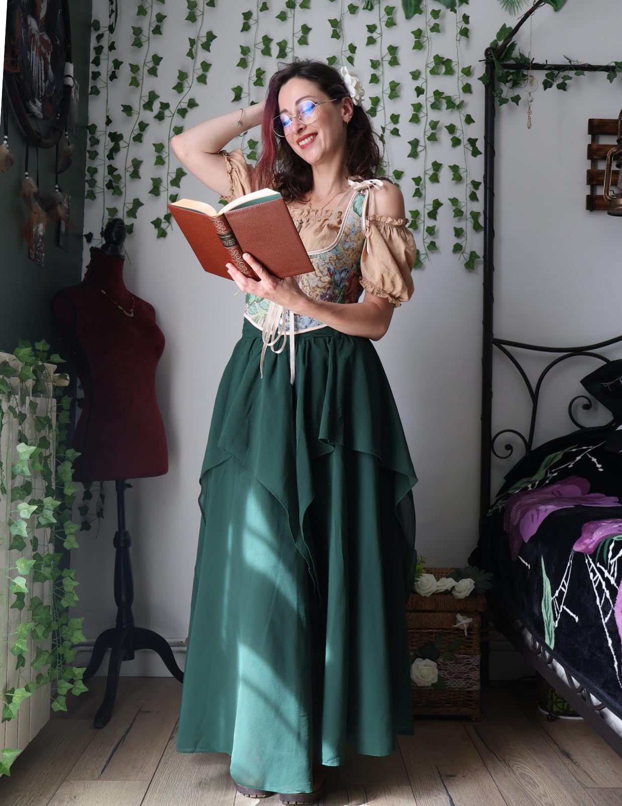SCARLET DARKNESS Gonna lunga da donna, stile medievale, rinascimentale, con volant irregolare, vita elasticizzata