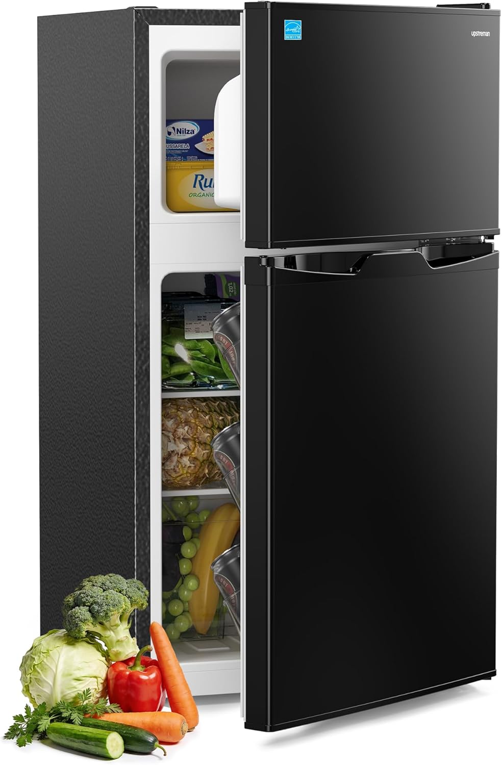 Upstreman 3.1 Cu.Ft Mini Fridge with Freezer, Double Door Small Refrigerator, Adjustable Thermostat, Energy Star Certified Low Noise Mini Refrigerator for Bedroom, Dorm, Apartment Black-TM31