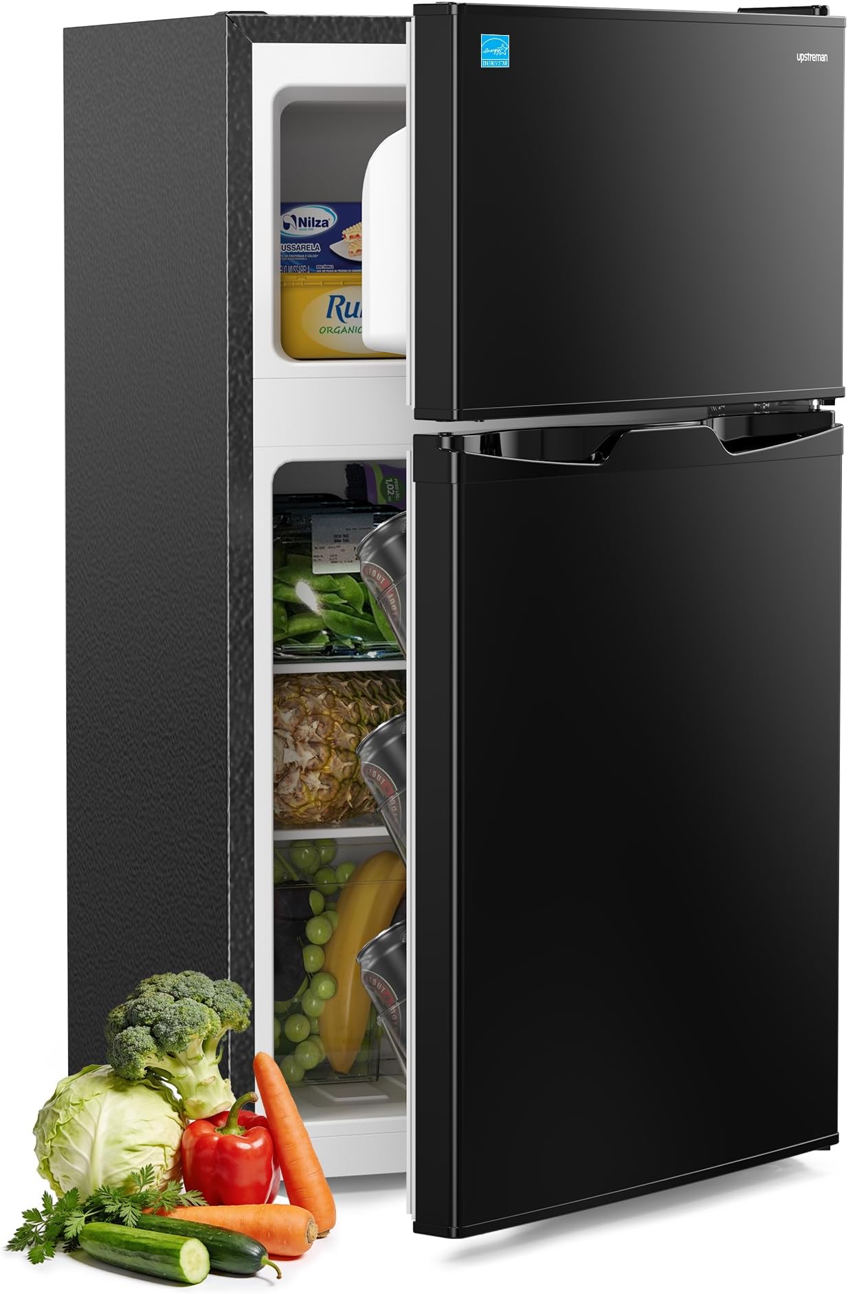 Upstreman 3.1 Cu.Ft Mini Fridge with Freezer, Double Door Small Refrigerator, Adjustable Thermostat, Energy Star Certified Low Noise Mini Refrigerator for Bedroom, Dorm, Apartment Black-TM31