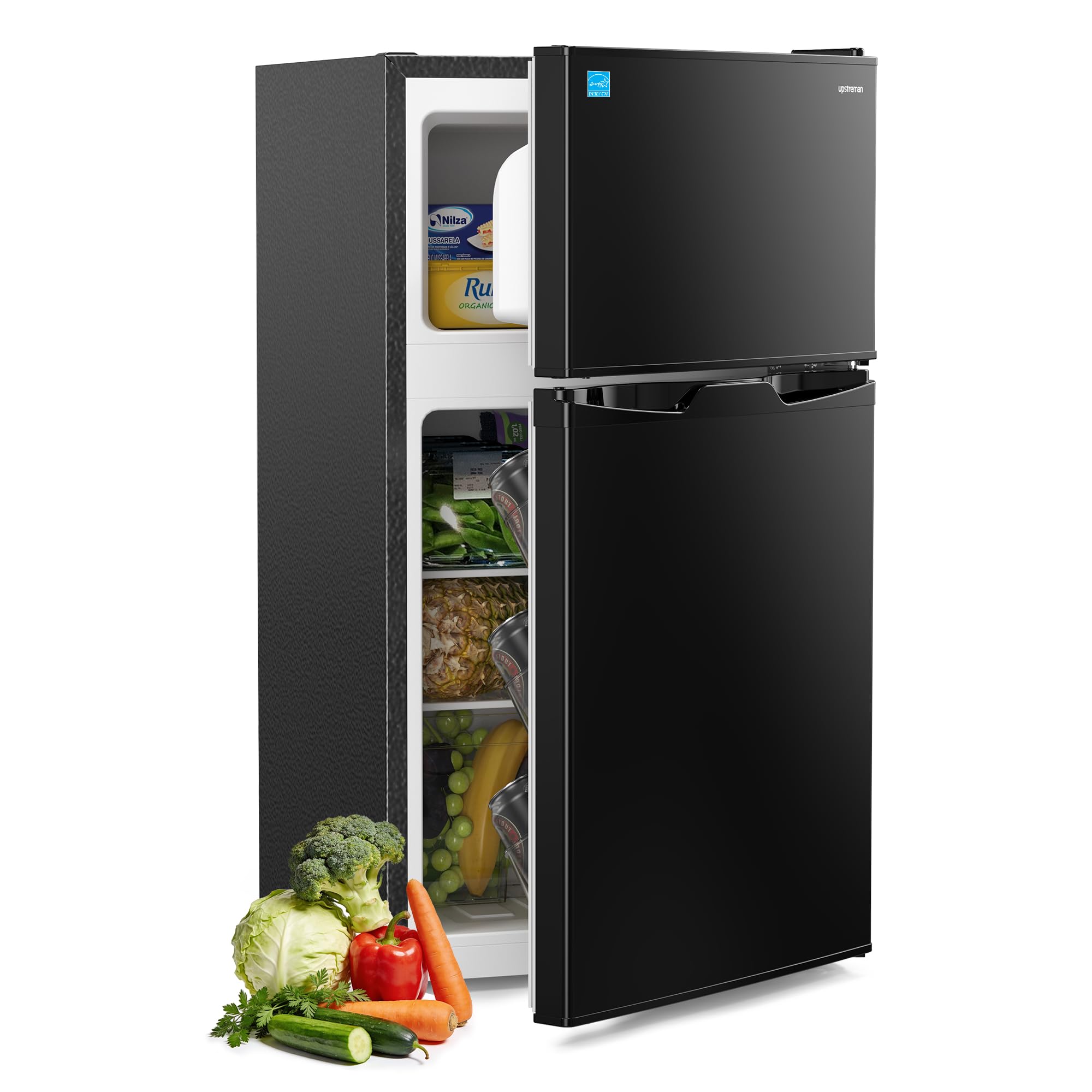 Upstreman 3.1 Cu.Ft Mini Fridge with Freezer, Double Door Small Refrigerator, Adjustable Thermostat, Energy Star Certified Low Noise Mini Refrigerator for Bedroom, Dorm, Apartment Black-TM31
