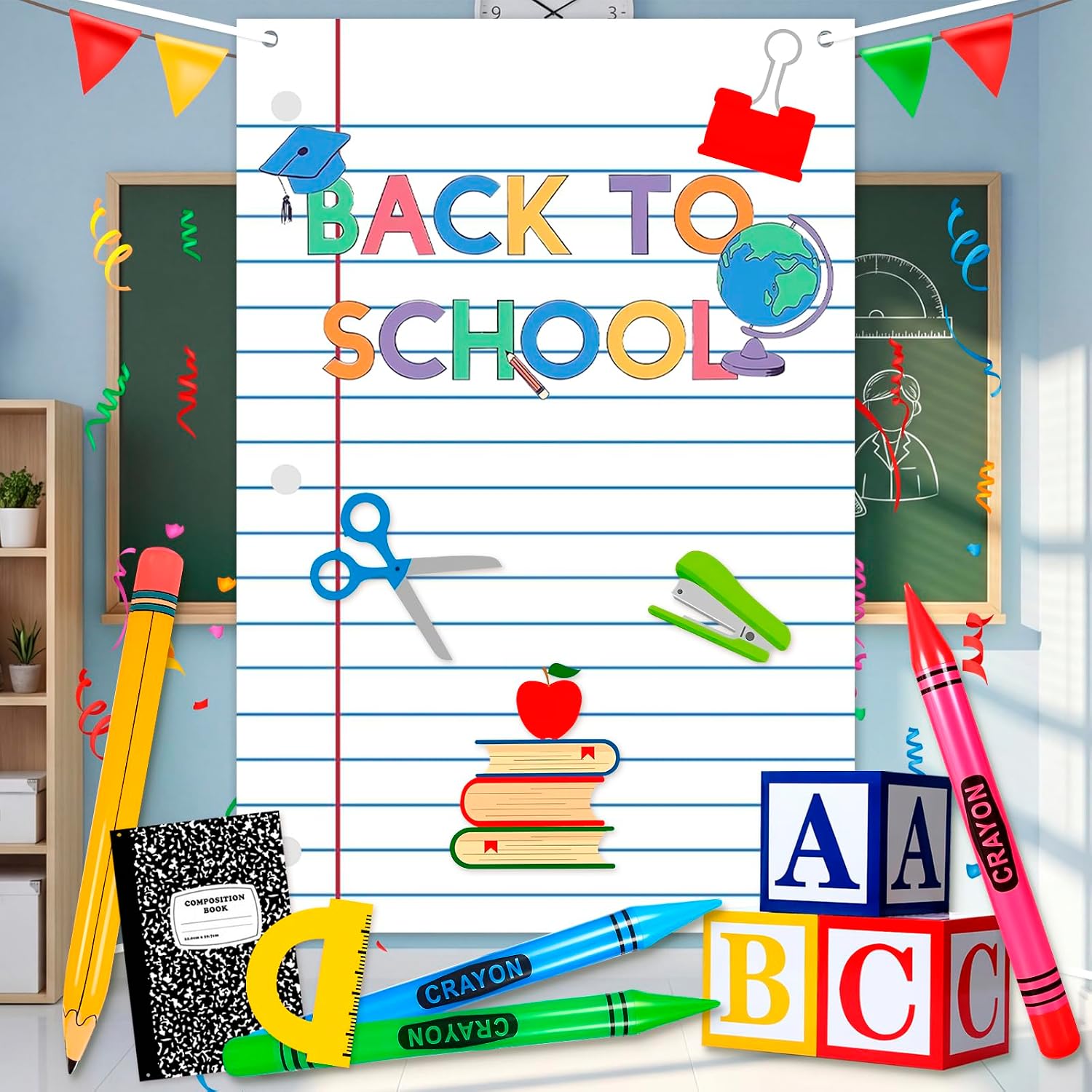 Back to School Decorations Balloons Party - 15pcs 79in First of Day Backdrop Decor Giant Inflatable Pencil Crayons, Photo Props Favors Kit ABC Blocks Parper Box Notebook Cover Stationery Welcome Party