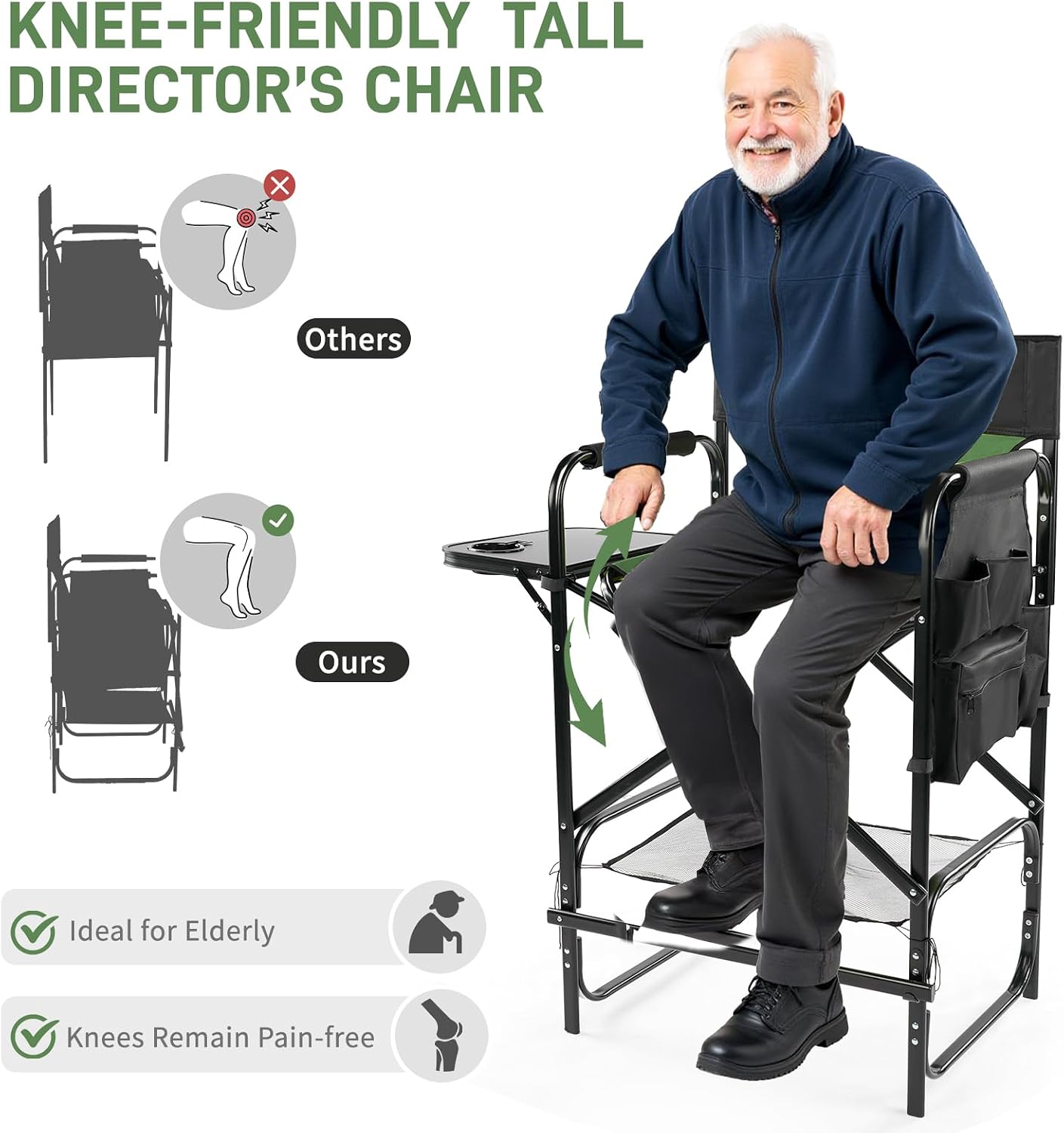 Outvita 31" Tall Directors Chair Height Seat Folding with Side Table Storage Bag, Support for 300Lbs Portable Makeup Artist Chair with Bar Height(Dark Green/Black)
