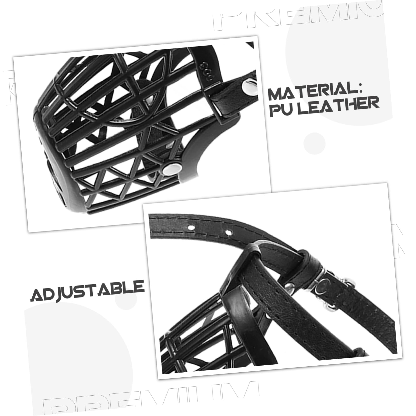 INOOMP Museruola per Cani in Plastica con Cestello Regolabile e Cinturino in Pelle Pu Nero, Set da 7 Unitá Anti-morso Traspirante per Cani e Animali Domestici