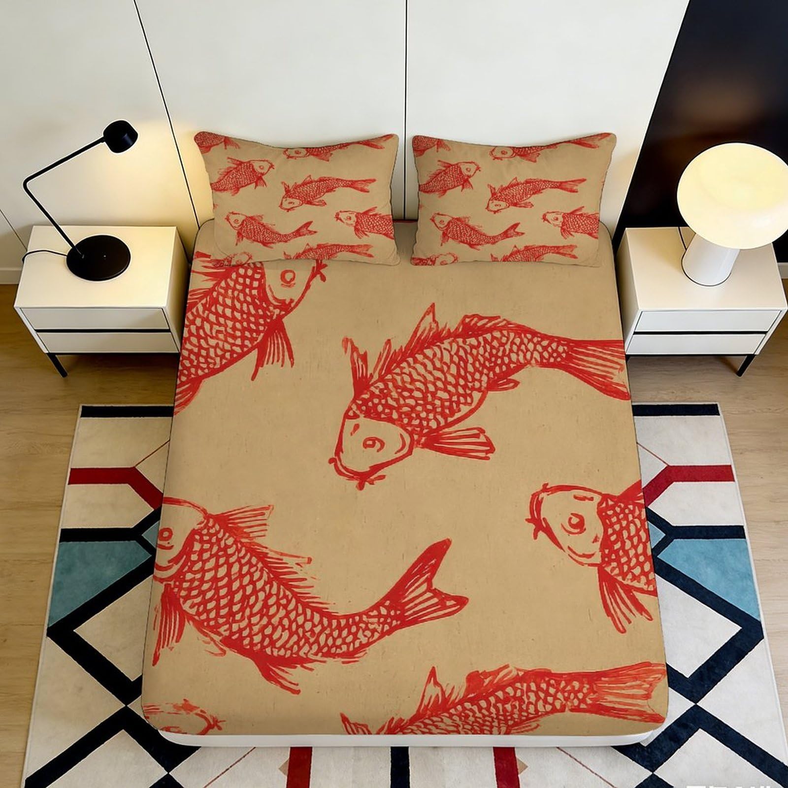 3D Printed Red Koi Fish Fitted Sheet Microfiber Soft Breathable Japanese Carp Bed Cover for Bedroom Guest Room Decor 160x200x25cm