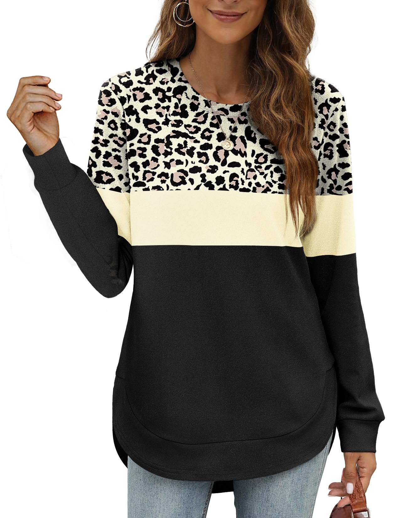 Womens Tunic Tops Puff Sleeve Crew Neck Long Sleeve Shirts Solid Color-image-42
