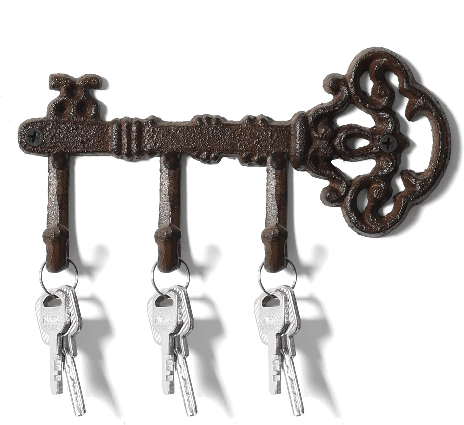 WSSROGY Cast Iron Key Holder for Wall Decorative, Wall Key Holders for Home with 3 Hooks, Key Hangers for Wall, Antique Brown Key Rack, Farmhouse Decor,8.75 X 3.5 Inches