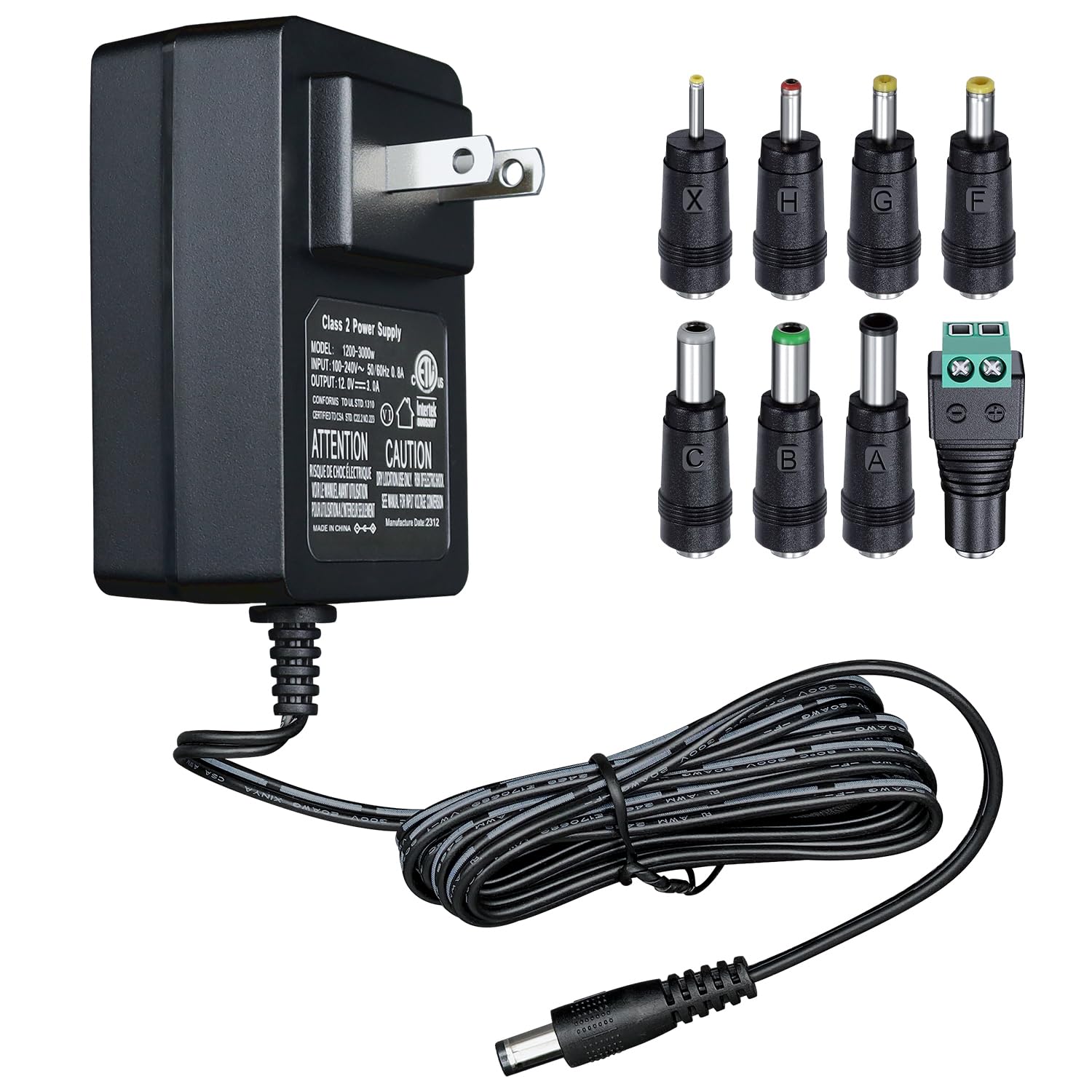 12V 3A 3000mA 6ft Power Supply Adapter with 8 Tips, 36W 2.5A 2A 1.5A 1A 0.8A 0.5A AC/DC Switching Adapter for LED Strip Light, CCTV Camera, BT Speaker
