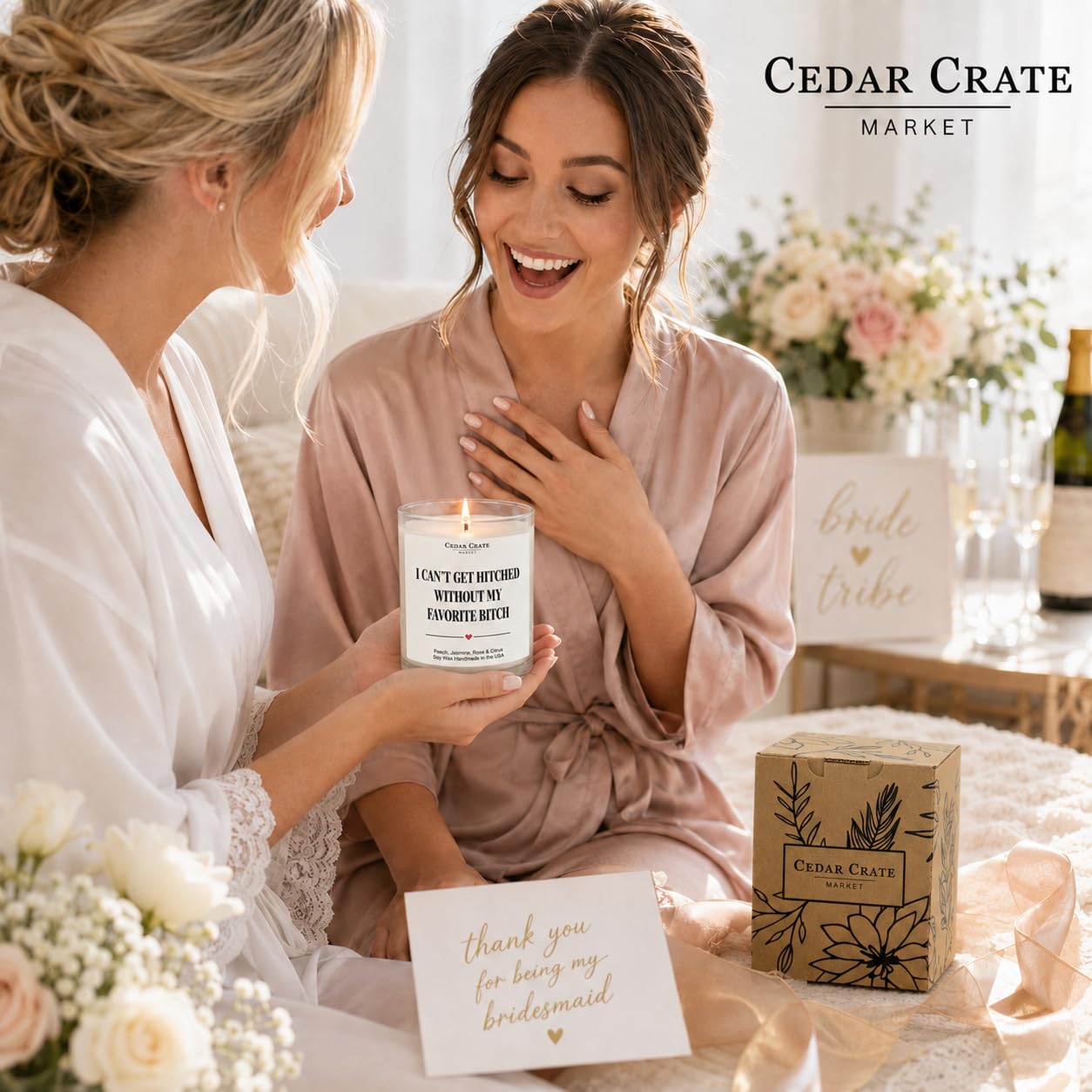 Candela di soia con scritta in lingua inglese "I Can't Get Hitched Without My Favorite B*tch" (lingua italiana non garantita), regalo divertente con scritta "Will You Be My MOH Gift from Bride