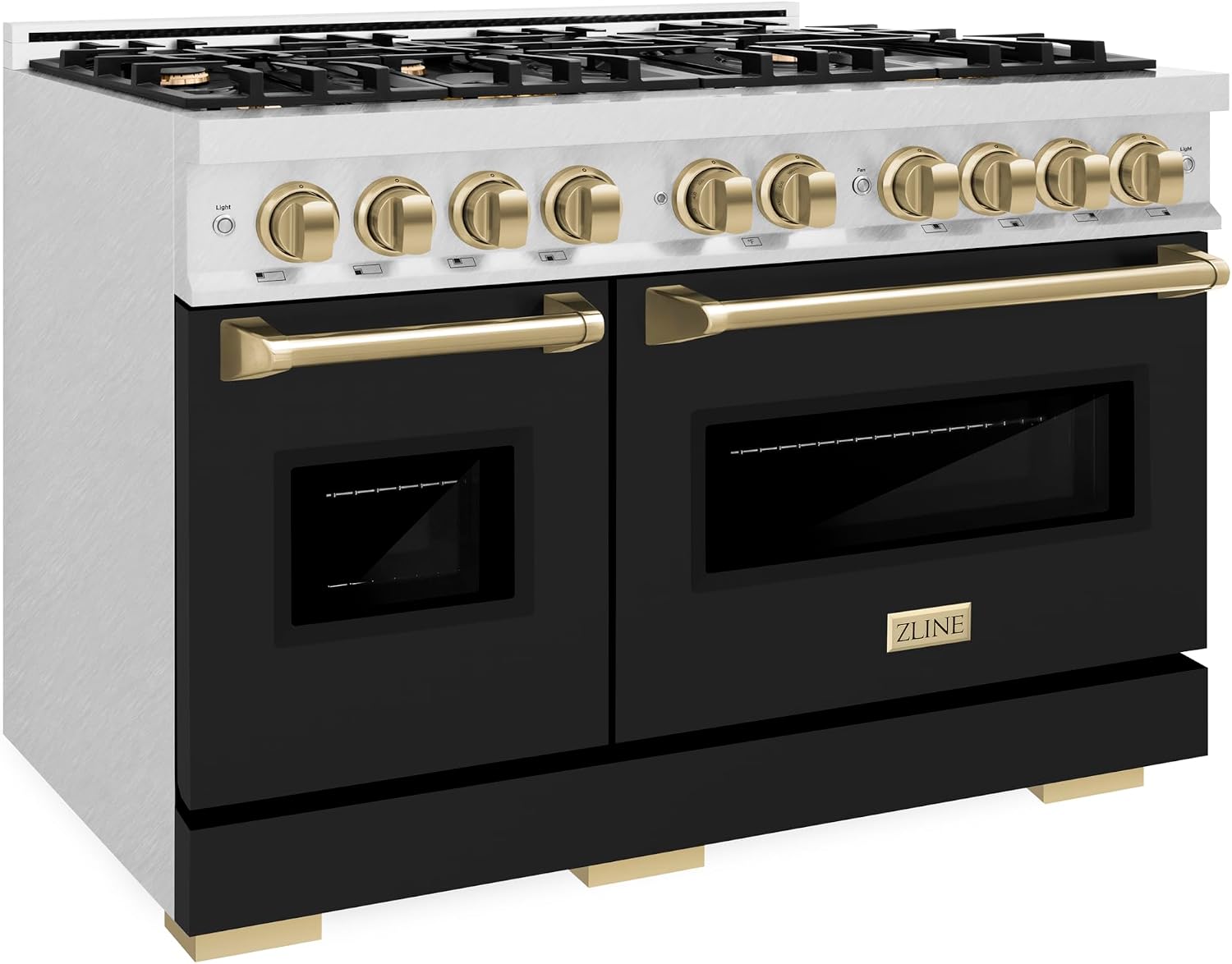 ZLINE Autograph Edition 48 in. 6.7 cu. ft. Classic Double Oven Dual Fuel Range with 8 Burner Gas Cooktop in Satin Stainless Steel with Black Matte Doors and Champagne Bronze Accents (CDRSZ-BLM-48-CB)