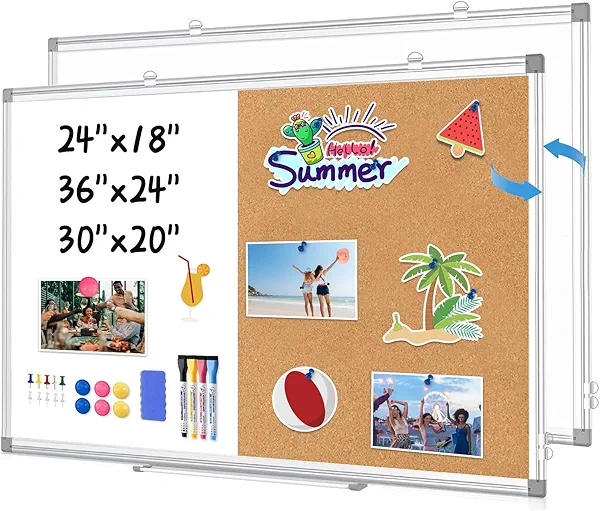 WALGLASS Combination Magnetic Whiteboard & Corkboard, 24"x18" Combo for School, Office & Home, Dry Erase Board with Removable Tray, Pins, Eraser, Markers & Magnets