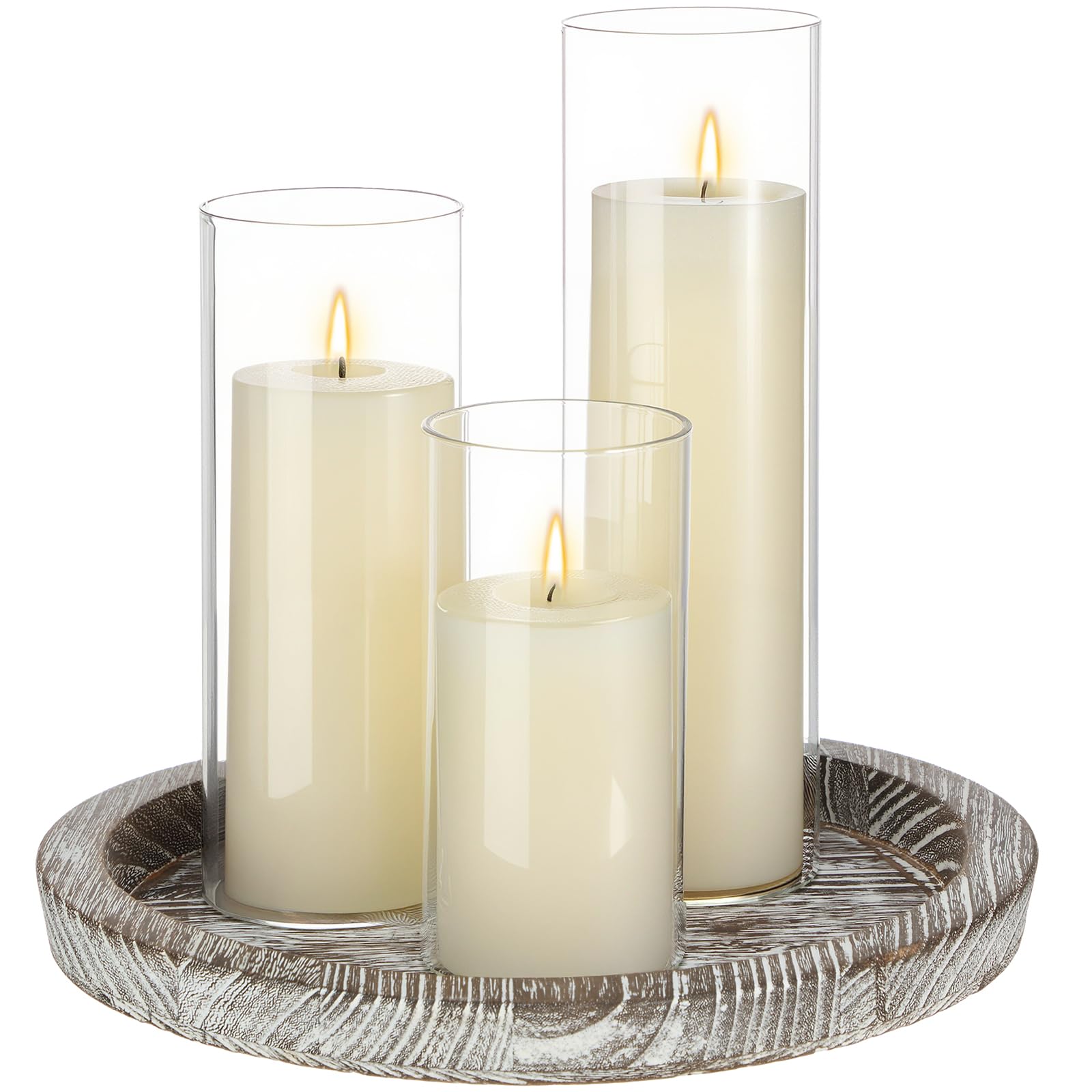 Shihanee Set of 3 Table Centerpiece Ivory Pillar Candles and Glass Cylinder Candle Holders with 1 Round Wooden Decorative Plate Wooden Tray 11.2
