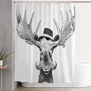 Fabric Bathroom Curtain Sets Hipster Moose Large Humor Mustache Hair Cool Hat Animals Moustache Shot Wildlife Beauty Fashion Shower Curtain Bath Curtains with Hooks 72" W x 72" H