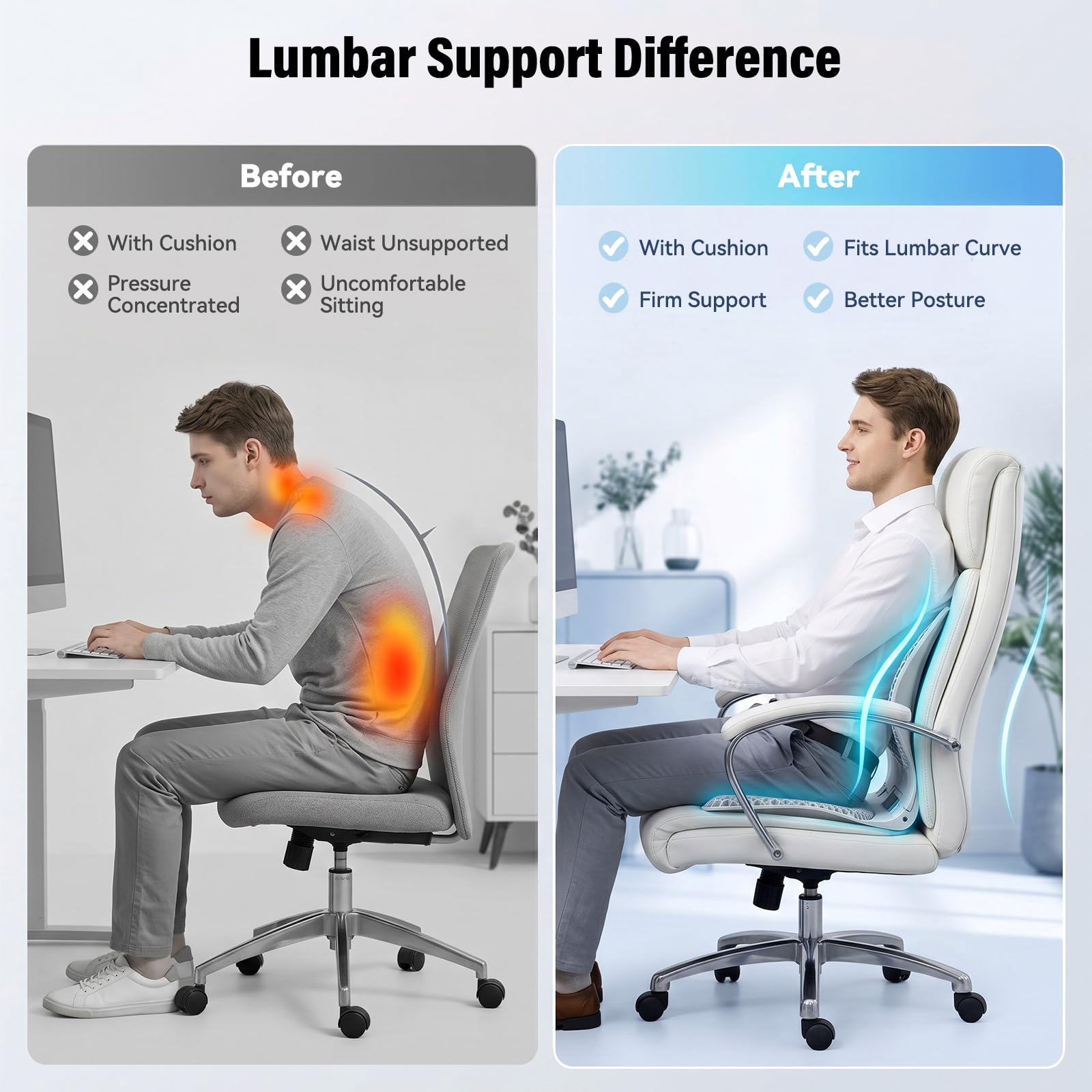 Cojín de apoyo lumbar, soporte lumbar ergonómico para silla de oficina, plegable y portátil, cojín de respaldo para silla de postura de oficina en casa, alivia la presión de sentarse prolongadamente