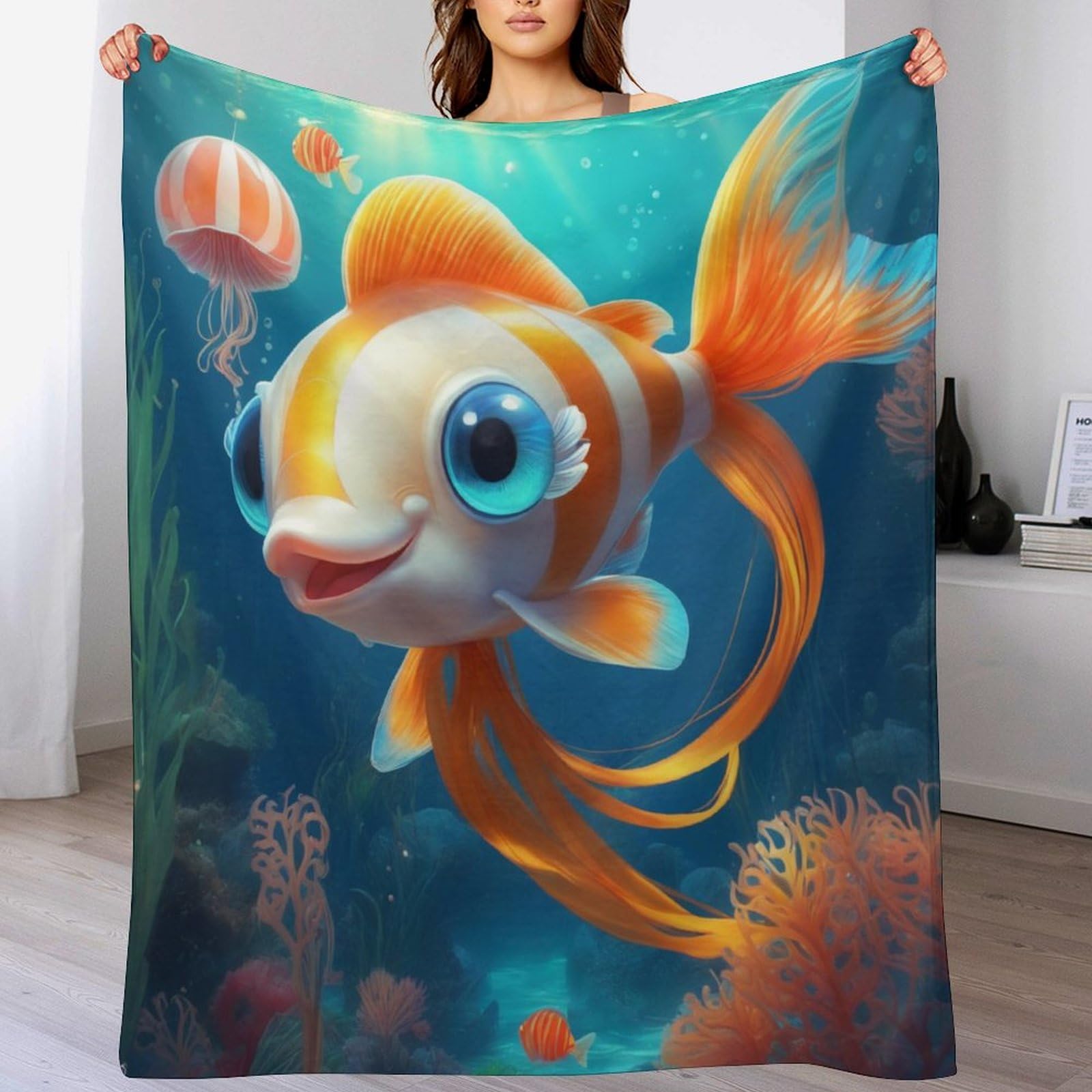 Couverture poisson flannel douce et moelleuse pour lit et canapé, grand plaid adulte 180x200 cm