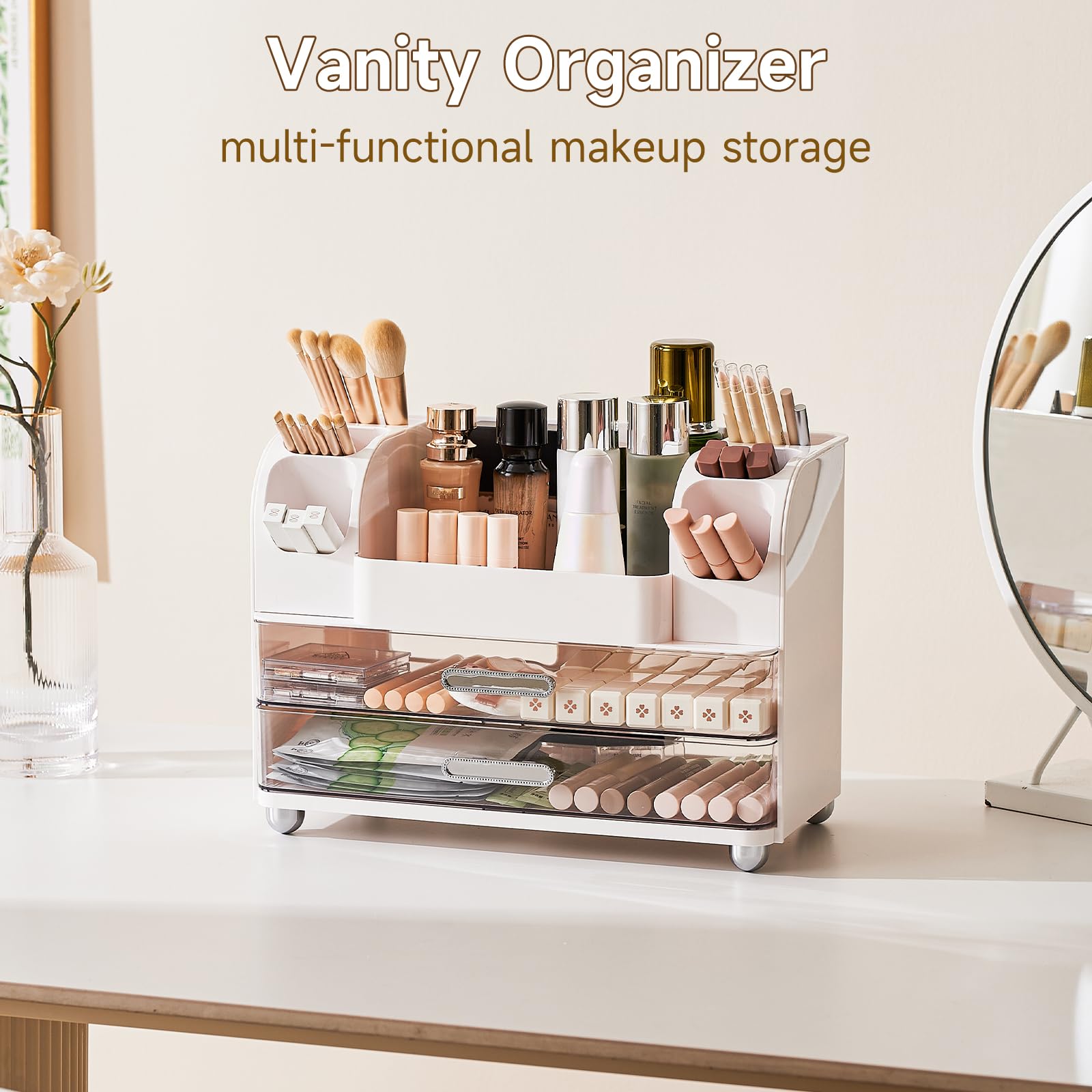 UFORU Makeup Organizer for Vanity with 2 Large Drawers, Cosmetic Display Case with Brush Holders, Easy to Storage for Bathroom Countertop Skincare, Desk Office Supplies, White
