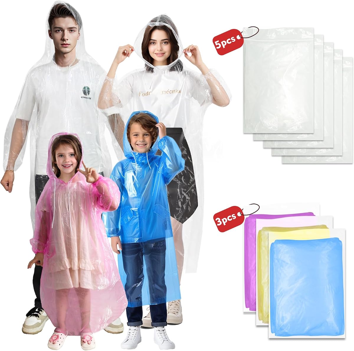 Ponchos Family Pack, Poncho de lluvia para adultos y niños Ponchos de lluvia desechables de emergencia