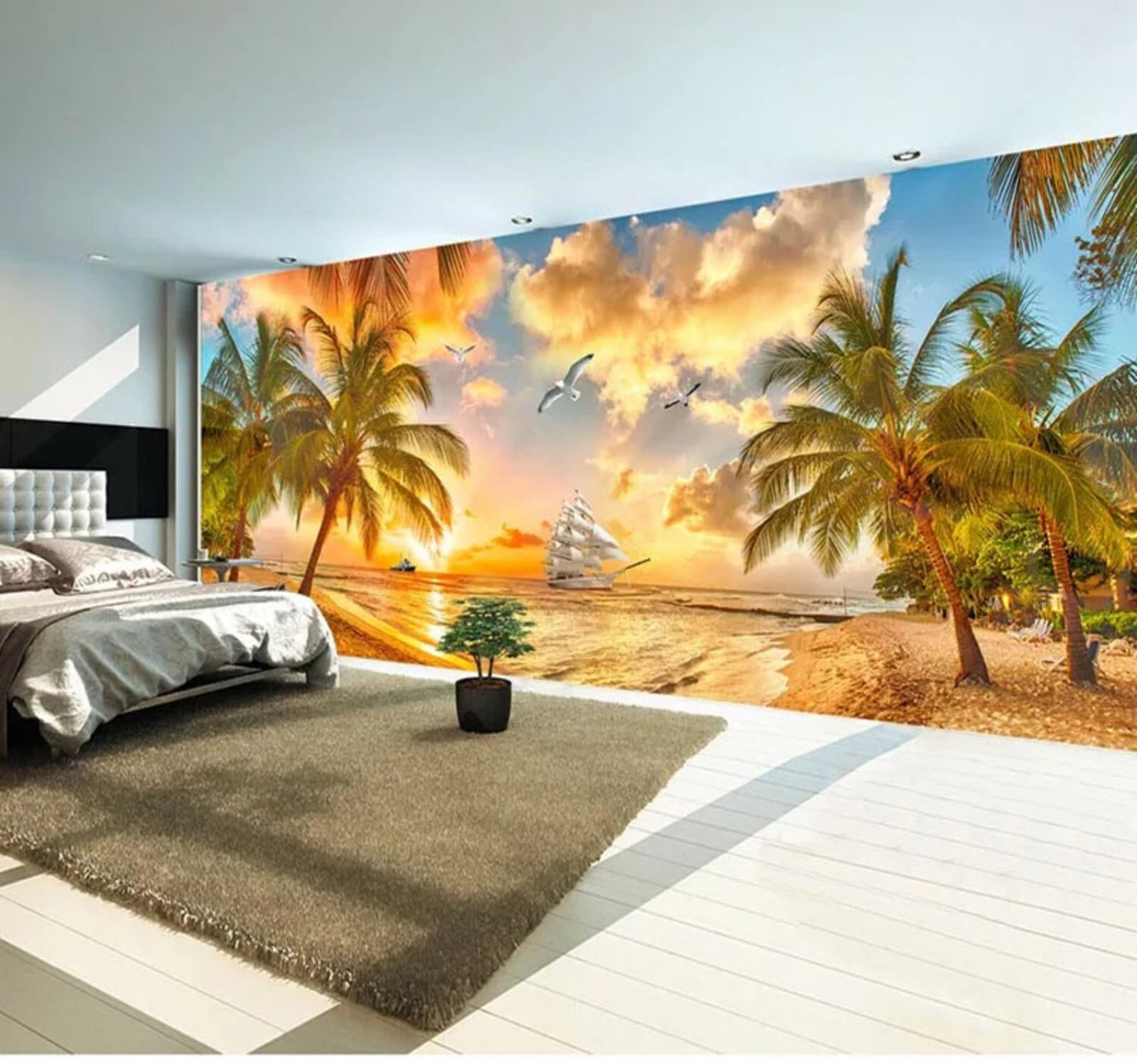 Wallpaper-3D-Xlm 400Cm×280Cm(B×H) Ethereal Sunset Beach Seascape Coconut Trees 3D Wallpaper Easy Install Feature Office Living Room Sofa Bedroom Tv Background Wall Decoration-400Cm×280Cm