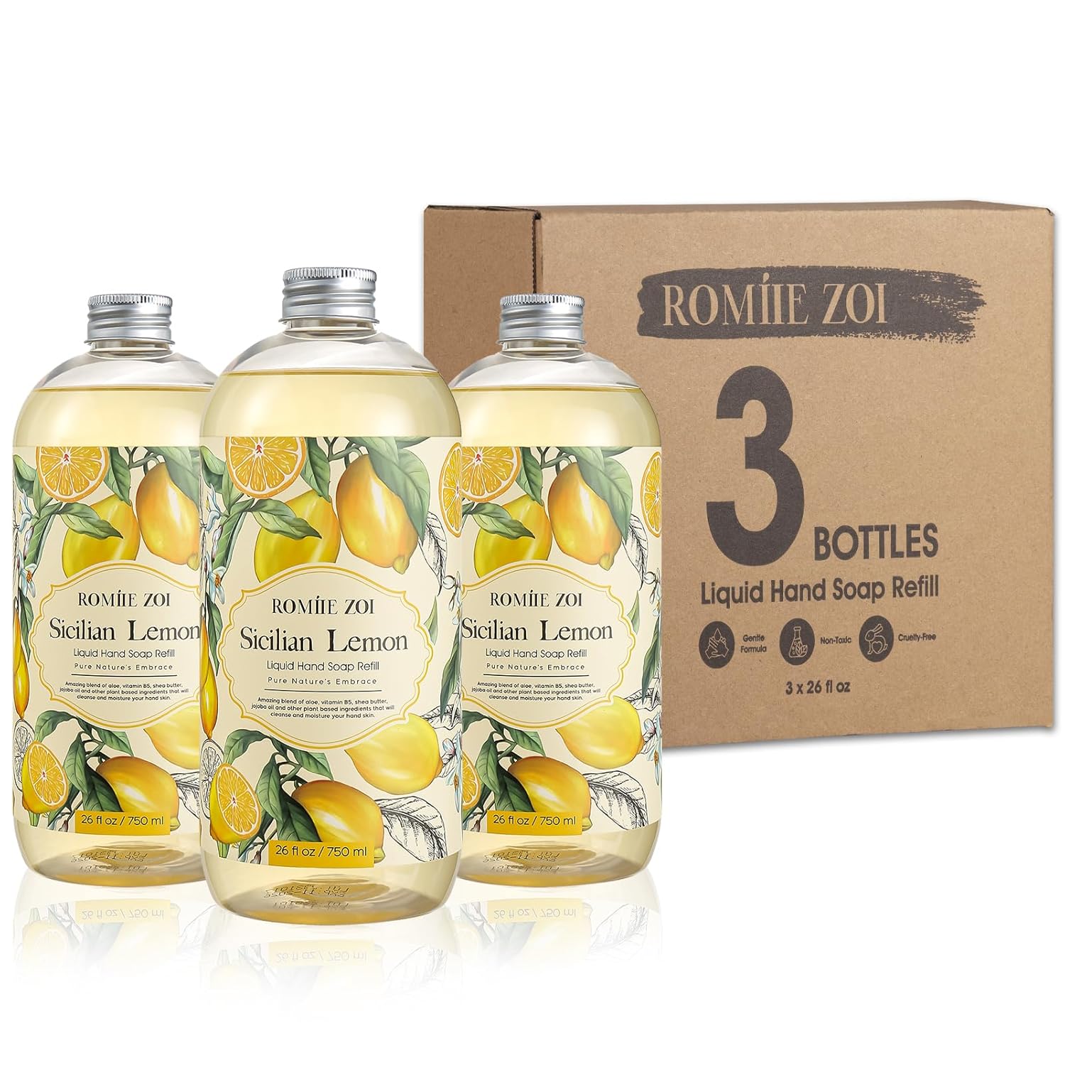 Product image of ROMIIE ZOI Lemon Scent Liquid Hand Soap Refills - Natural, Gentle & Moisturizing Formula - Family Size 3 Pack, Ideal for Liquid Soap Dispensers in Kitchen & Bathroom