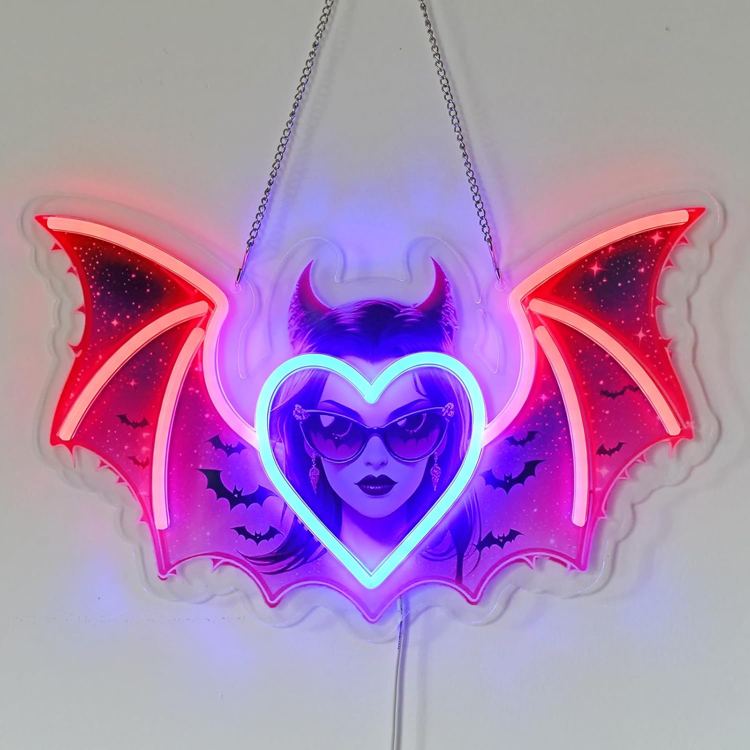 Monst Neon Sign - 15.7" x 10" Gothic Vampire LED Wall Light, Red/Blue Glow, Dimmable USB Decor - Dark Fantasy Gift for Game Room