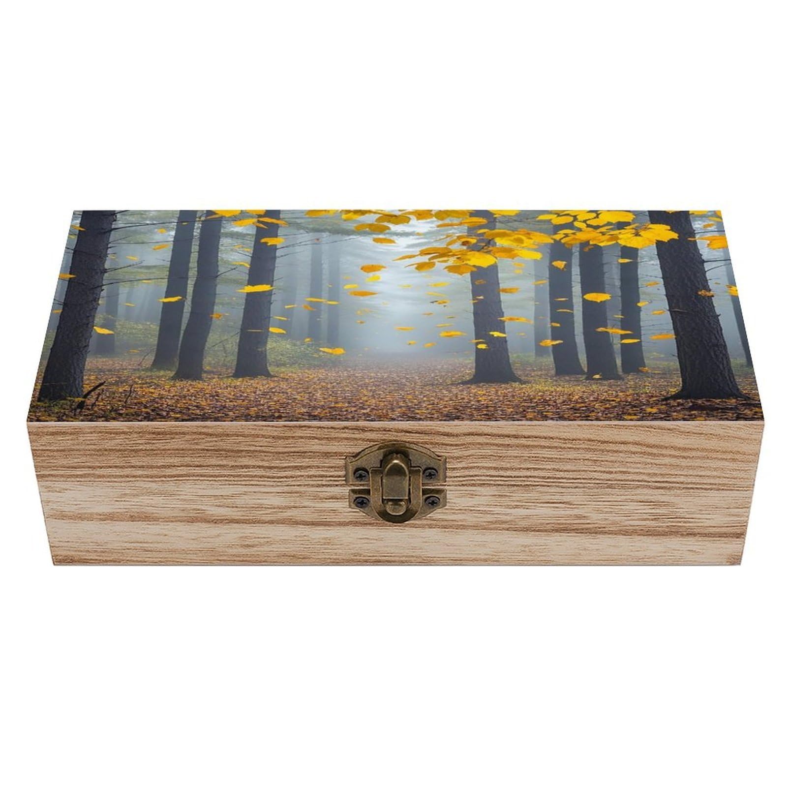 FekiLoot Autumn Leaves Flying in The Misty Forest Wooden Storage Box Exquisite Wood Keepsake Box Vintage Wooden Gift Jewelry Case for Crafts And Photo Storage Boxes