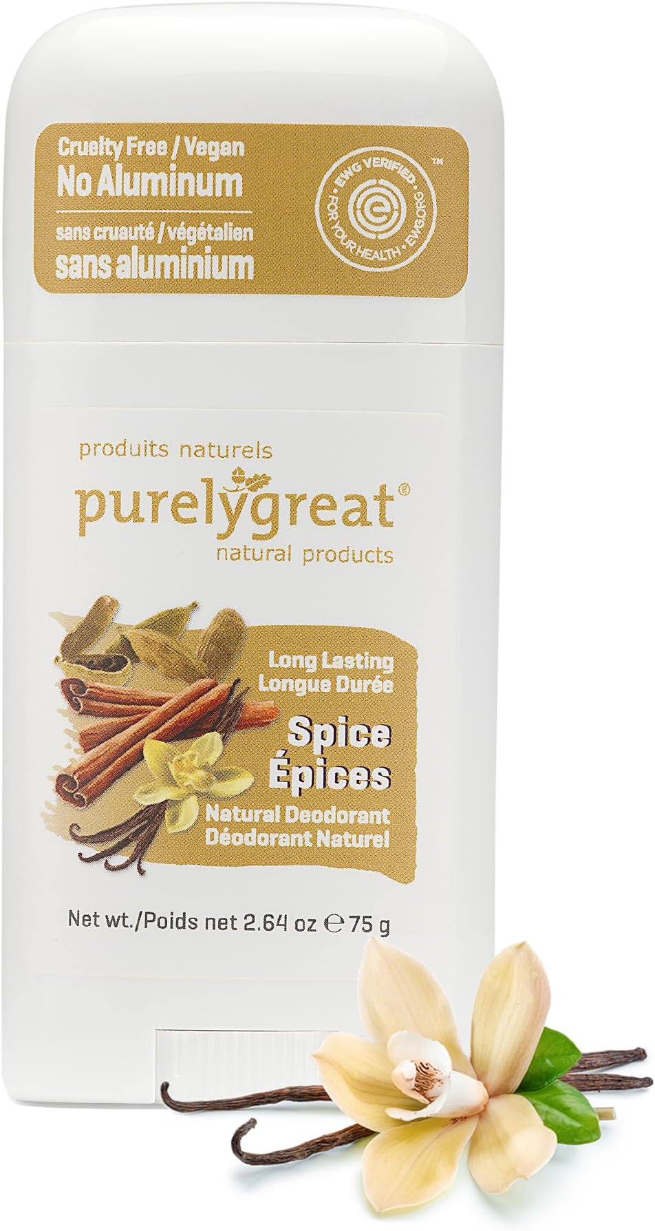 Purelygreat Spice Scented Women & Men Natural Deodorant Stick | Travel Friendly Hygiene Essential | Parabens & Aluminum Free Clean Deodorant for Women & Men - 2.64 oz / 75 g