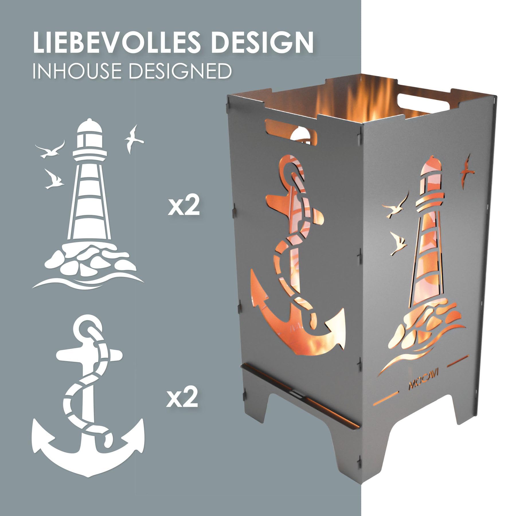 MOCAVI Feuertonne Maritim 73 cm | 3 mm Stahl Feuerschale Feuerkorb massiv robust sicher Design-Brenntonne für Garten und Terrasse groß eckig hohe Feuerstelle Outdoor hitzefest Feuersäule Feuerfass