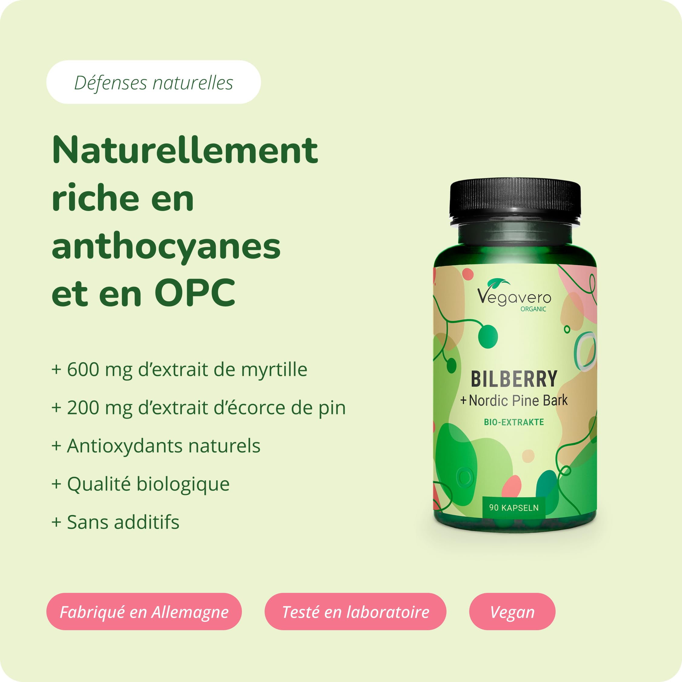 Myrtille + Écorce de Pin BIO Vegavero® | Extraits Fortement Dosés | Sans Additifs | Avec Proanthocyanidines (OPC) | Antioxydant Puissant + Yeux | 90 Gélules | VEGAN