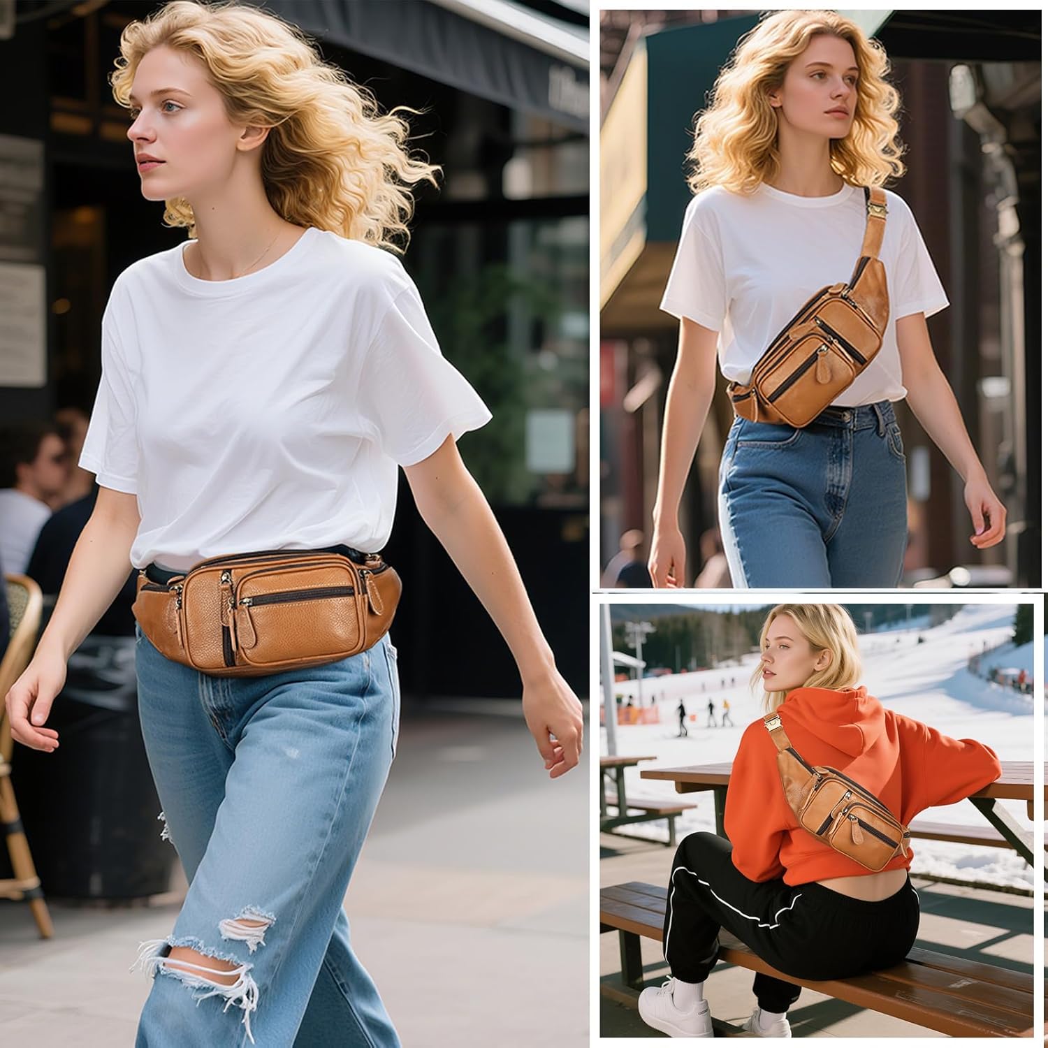 Genuine Leather Fanny Pack large capacity Crossbody Waist Bag with Zipper phone Pockets brown - Image 3