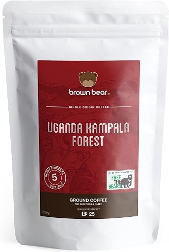 Uganda Ground Coffee 227g - Very Strong Dark Roast Ugandan Robusta Coffee - Uganda Kampala Forest - Brown Bear - For Cafetiere French Press V60 Filter - Strength 5 - Donation to Free The Bears