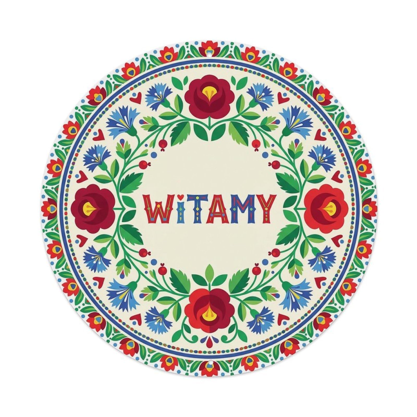 Vintage Polish Folk Art Witamy Welcome Floral Wreath Metal Tin Sign