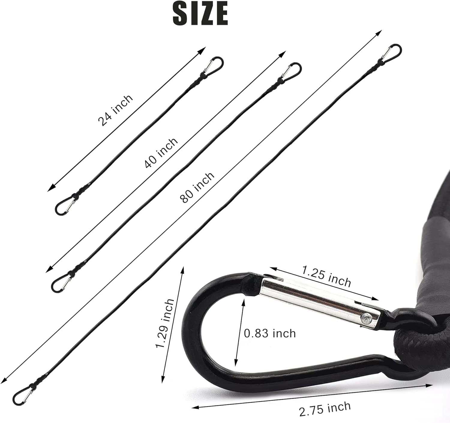 24 inch Bungee Cords with Carabiner Hook, Black Short Heavy Duty Elastic Tie Downs Straps, Extra Strong Lastic Rope with Length Metal Buckle for Outdoor, Camping, Luggage, Bike Rack (6 Pack)