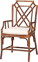 Balipari Esmery Marbled Tortoise Rattan Dining Chair - Handcrafted Boho Wicker Armchair with Cushion, Coastal Kitchen Seating