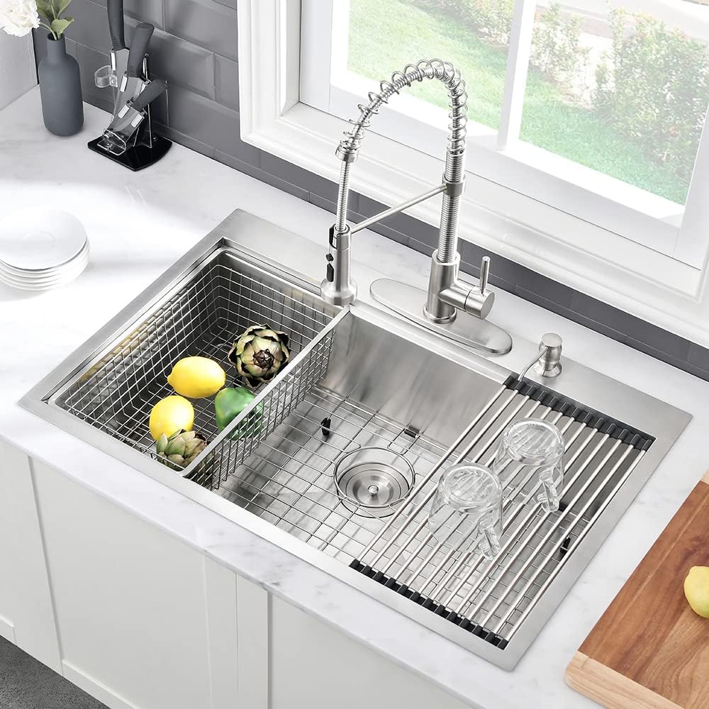 28 Inch Drop In Kitchen Sink Workstation-VASOYO 28x20 Drop In Sink Topmount 16 Gauge Deep Stainless Steel Single Bowl Kitchen Sinks with Cutting Board