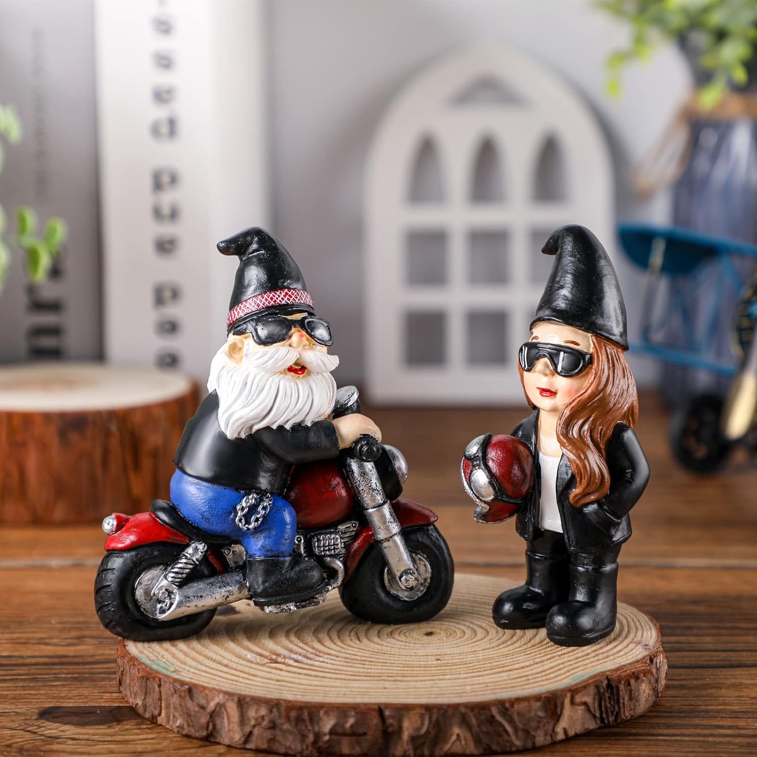 Chunful 2 Pcs Biker Gnomes Coffee Riding Motorcycle Christmas Swedish Tomte Gnomes Resin Figurines Tiered Tray Collectible Tabletop Decor for Home Farmhouse Office Decor (Biker Gnome)
