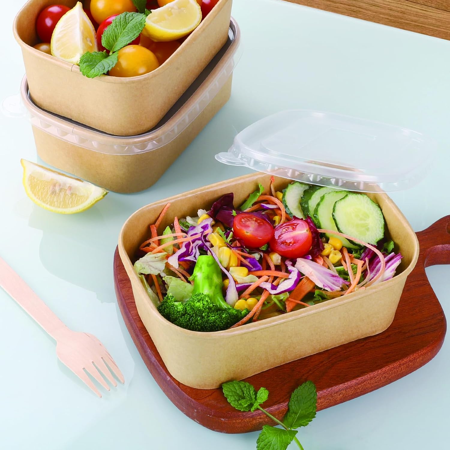 50 Sets 25oz Disposable Kraft Paper Bowls with Lids, Rectangle Paper Food Containers with Lids, Salad Bowls for Hot/Cold Food, Soup, Meal Prep, Ice Cream, Takeout, Party Supplies(750ml) - Image 4
