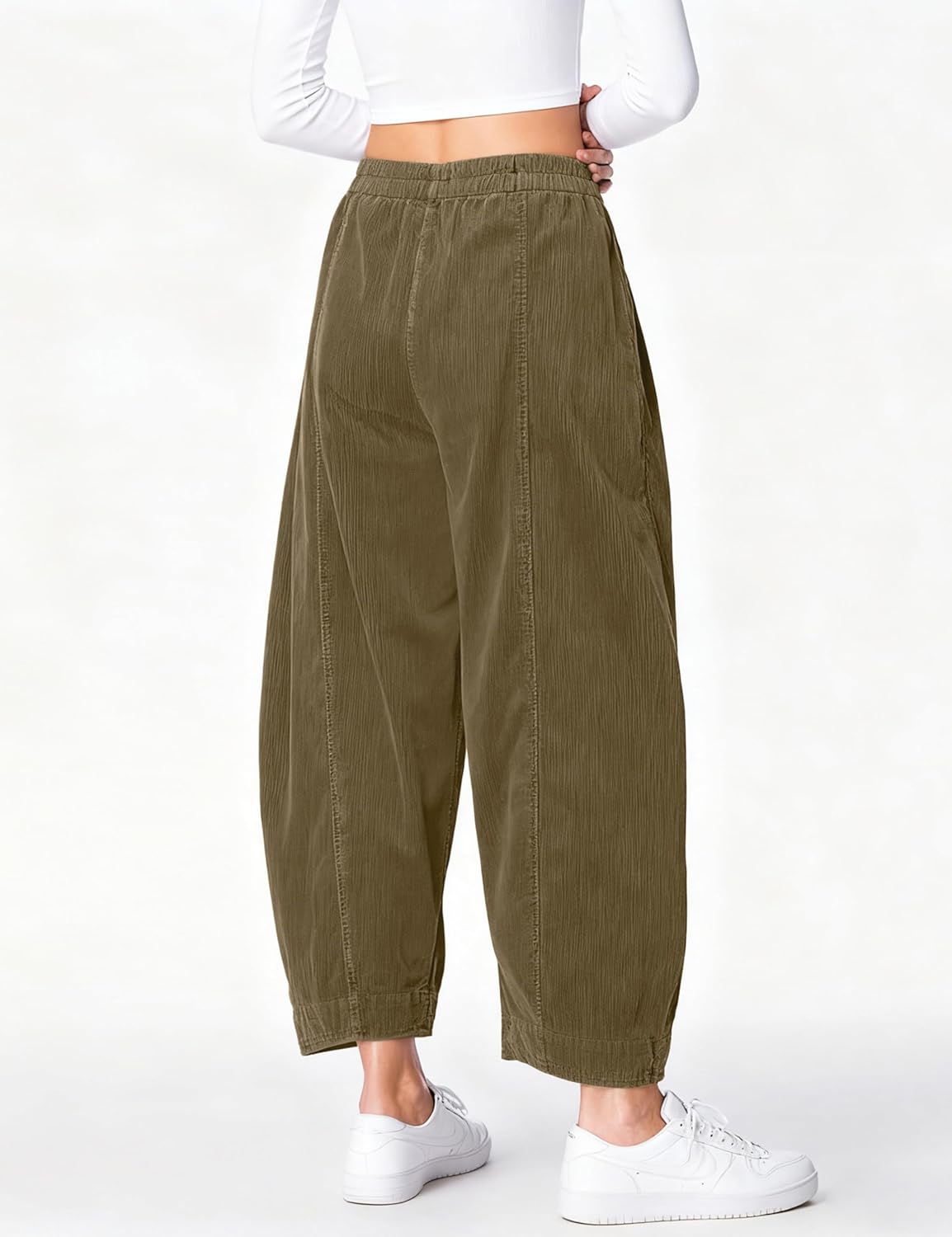 Fiona Jolin Corduroy Pants Women Barrel Casual Wide Leg Pant Mid Rise Elastic Back Waist Baggy Trousers with Pockets - Image 4