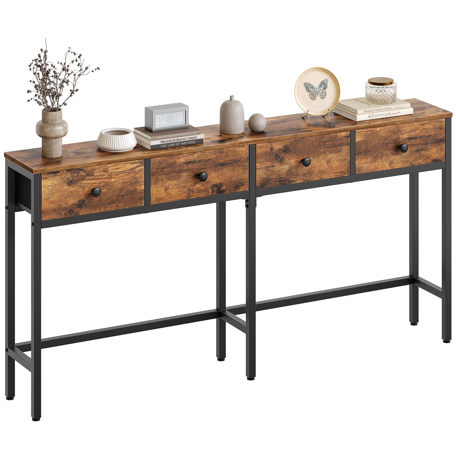 YATINEY Konsolentisch schmal, 160 cm, Langer Flurtisch, Eingangstisch mit 4 Schubladen, für Eingangsbereich, Flur, Wohnzimmer, Vintagebraun-Schwarz XCT40BR