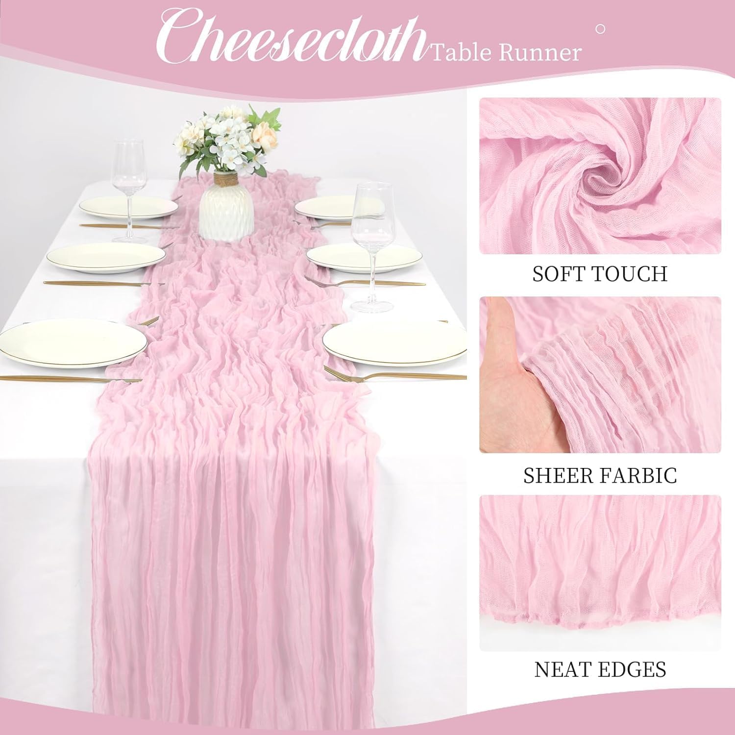20 Pack 10Ft Cheesecloth Table Runner 20 X 120 Inch Boho Romantic Gauze Cheese Cloth Long Table Runner for Wedding Party Bridal Shower Thanksgiving Christmas Decoration (Light Pink)